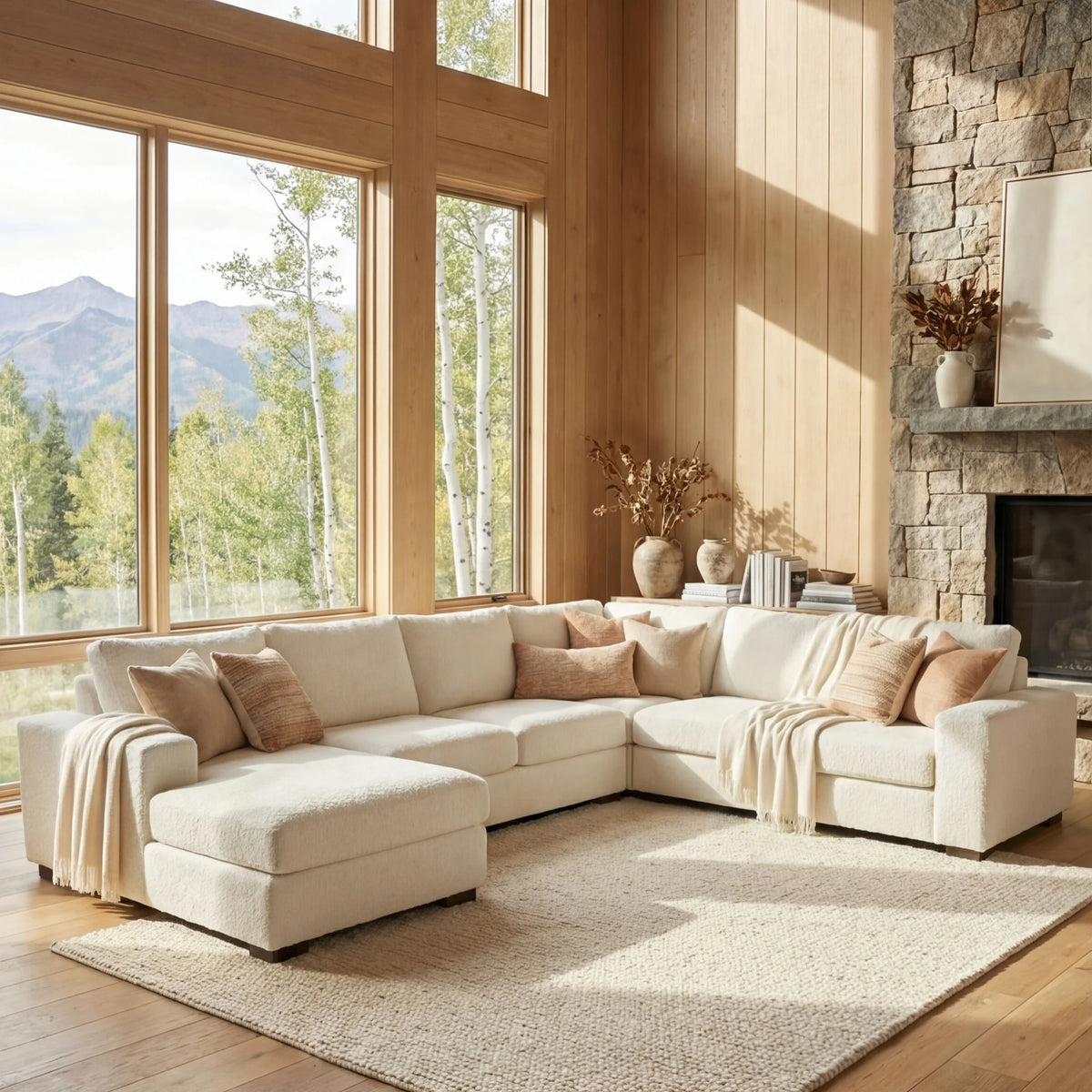 Cuddle Bone three-piece double chaise sectional staged in a styled living room (view 4)