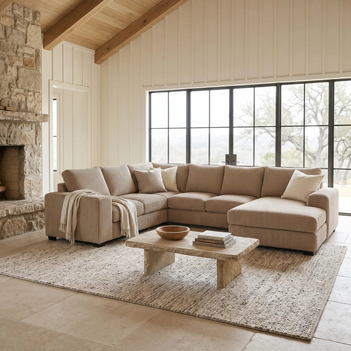 Four-Piece Chaise Sectional - Mini Minky Toast - hero #Orientation_Right-Hand Facing