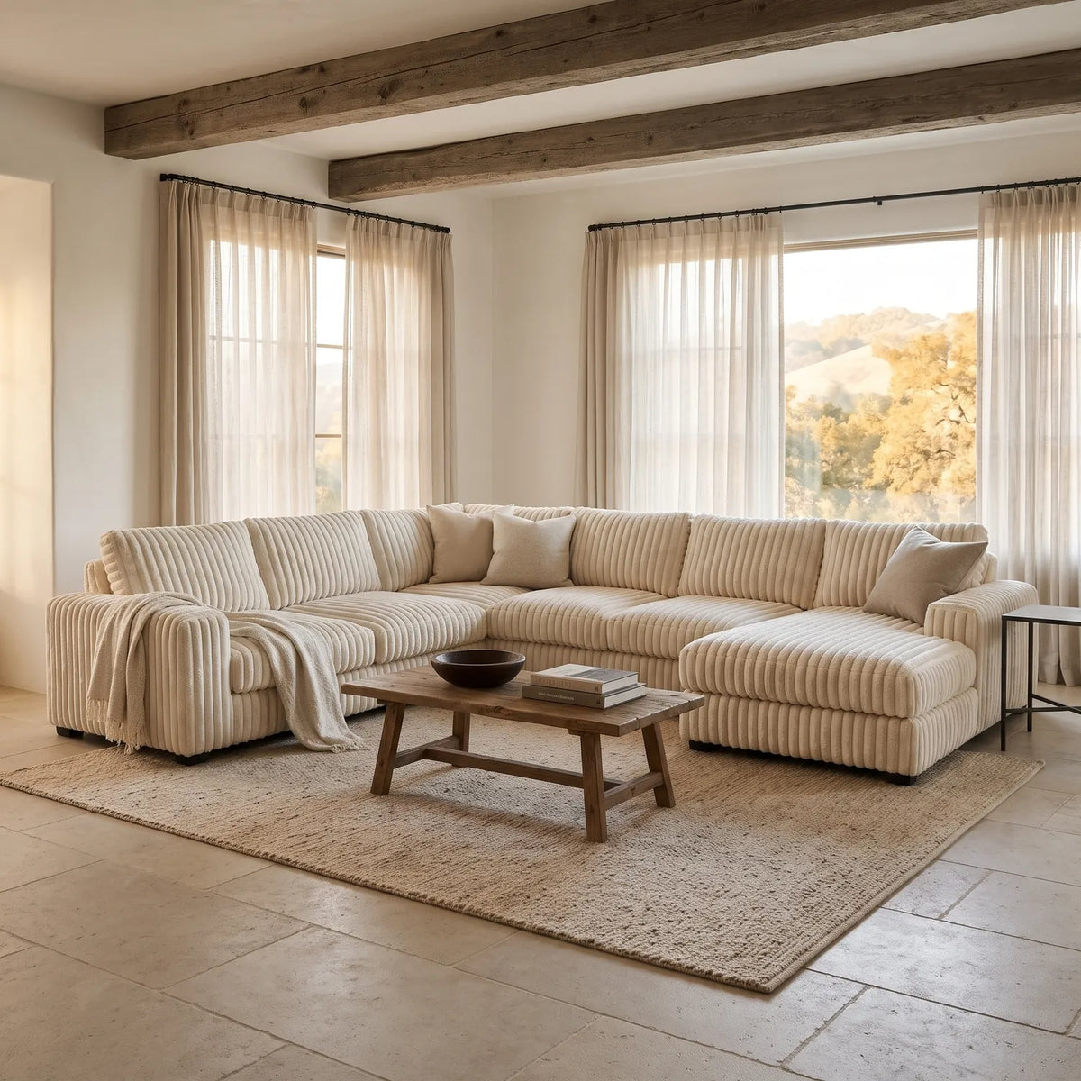 Four-Piece Chaise Sectional - Minky Sand Oversized - hero #Orientation_Right-Hand Facing