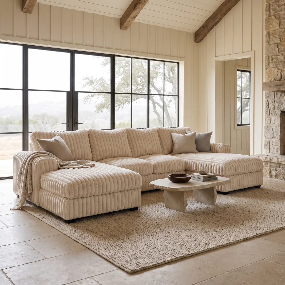 Three-Piece Double Chaise Sectional - Minky Cream - hero