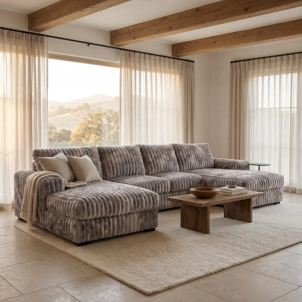 Three-Piece Double Chaise Sectional - Minky Stone - hero