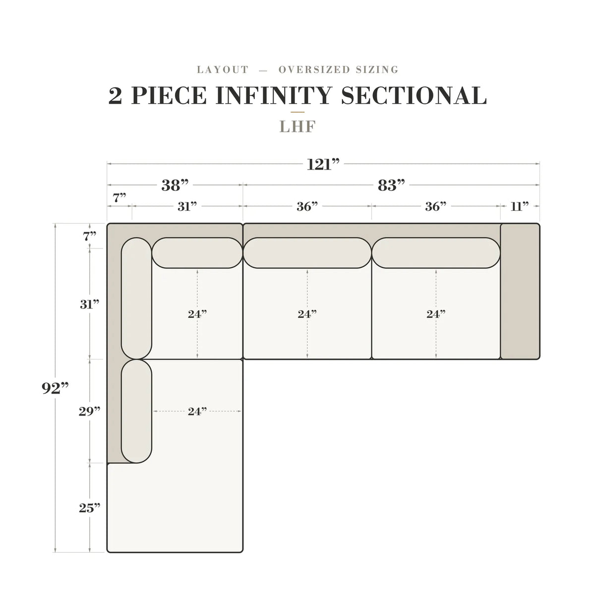 Two-Piece Infinity Sectional - Cuddle Natural Oversized - dimensions (top view) #Orientation_Left-Hand Facing
