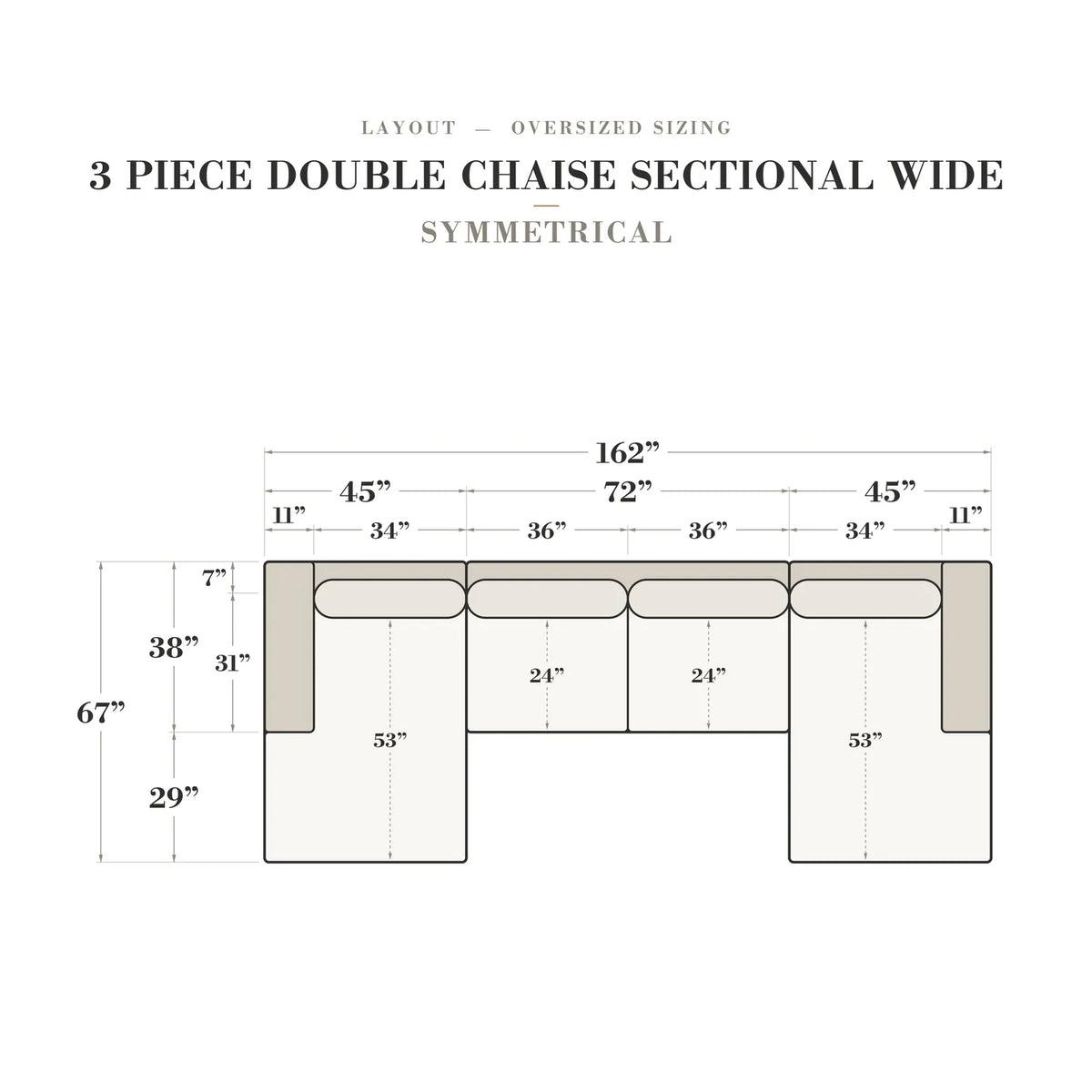 Three-Piece Double Chaise Sectional - Minky Black Oversized - dimensions (top view)