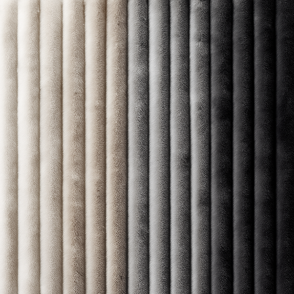 Ribbed minky corduroy fabric plat showing white to black colors
