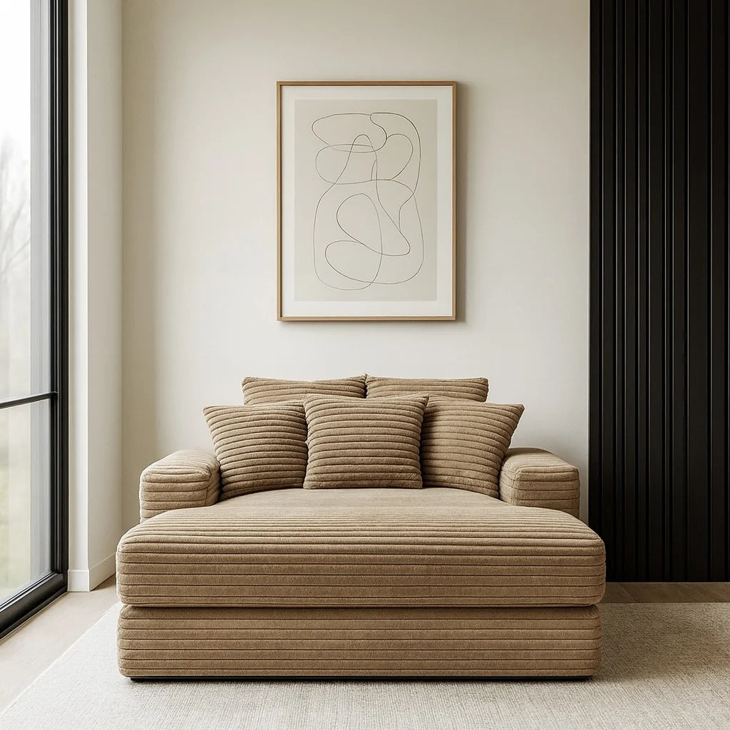 Minky Toast chaise lounger staged in a styled living room
