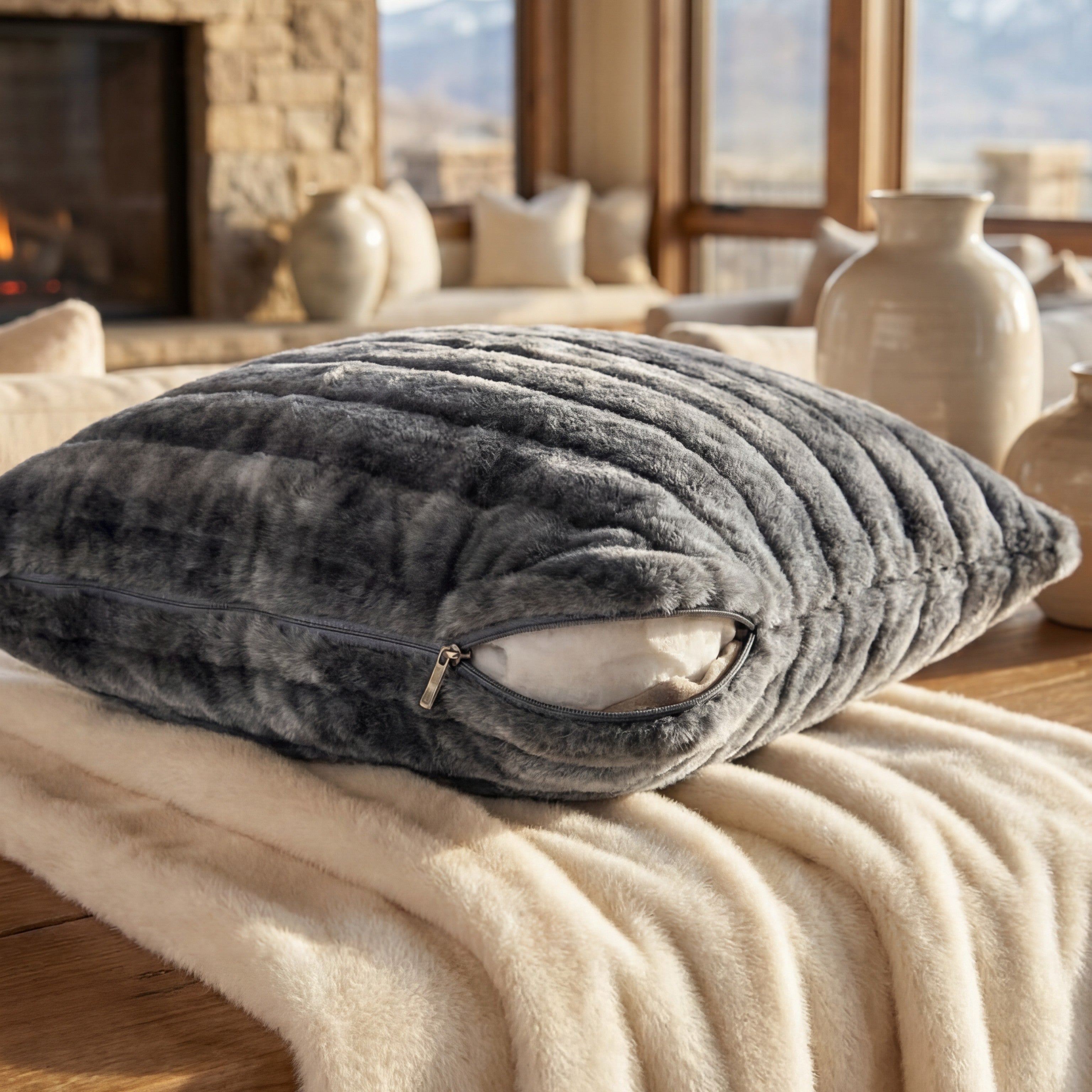 24" Big Wig Minky Charcoal Throw Pillow