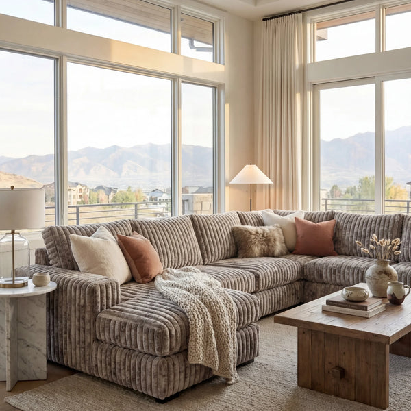 Big Wig Grey three-piece chaise sectional staged in a styled living room (view 1)