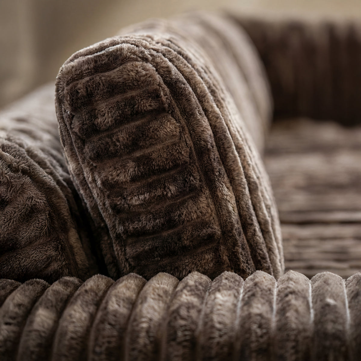 Detail view of Big Wig Mocha chaise lounger, showing fabric texture