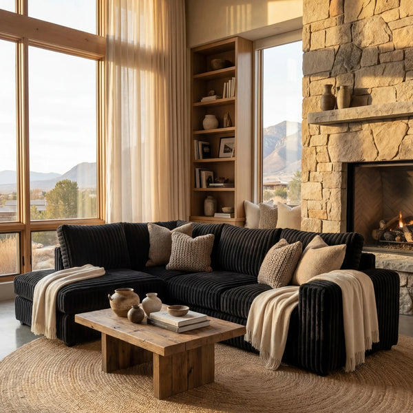 Minky Black two-piece sectional staged in a styled living room (view 4)