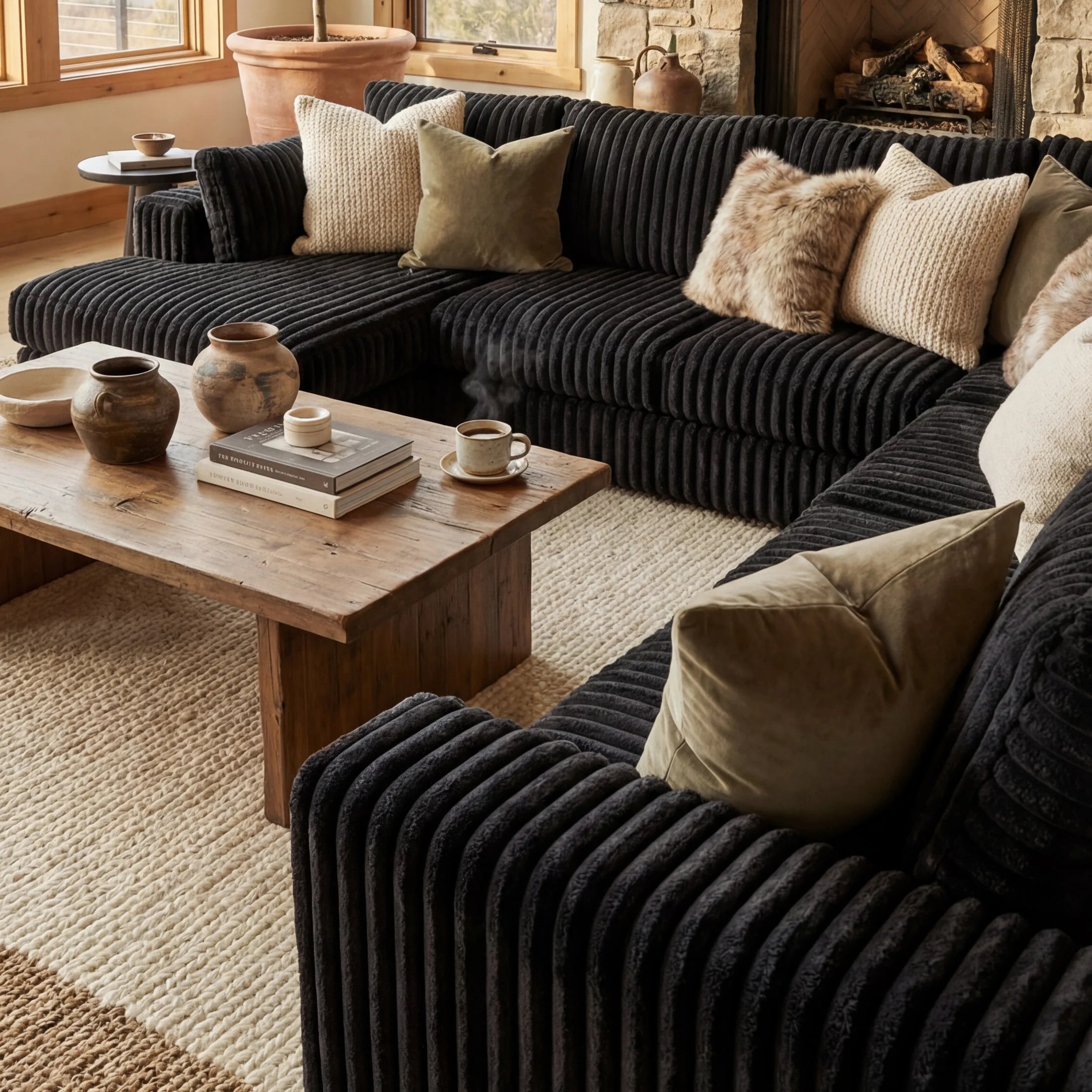 Minky Black Three-Piece Chaise Sectional