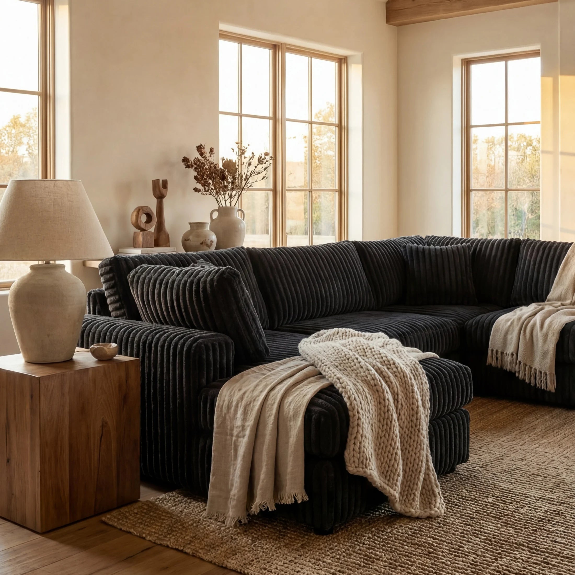 Minky Black Three-Piece Chaise Sectional