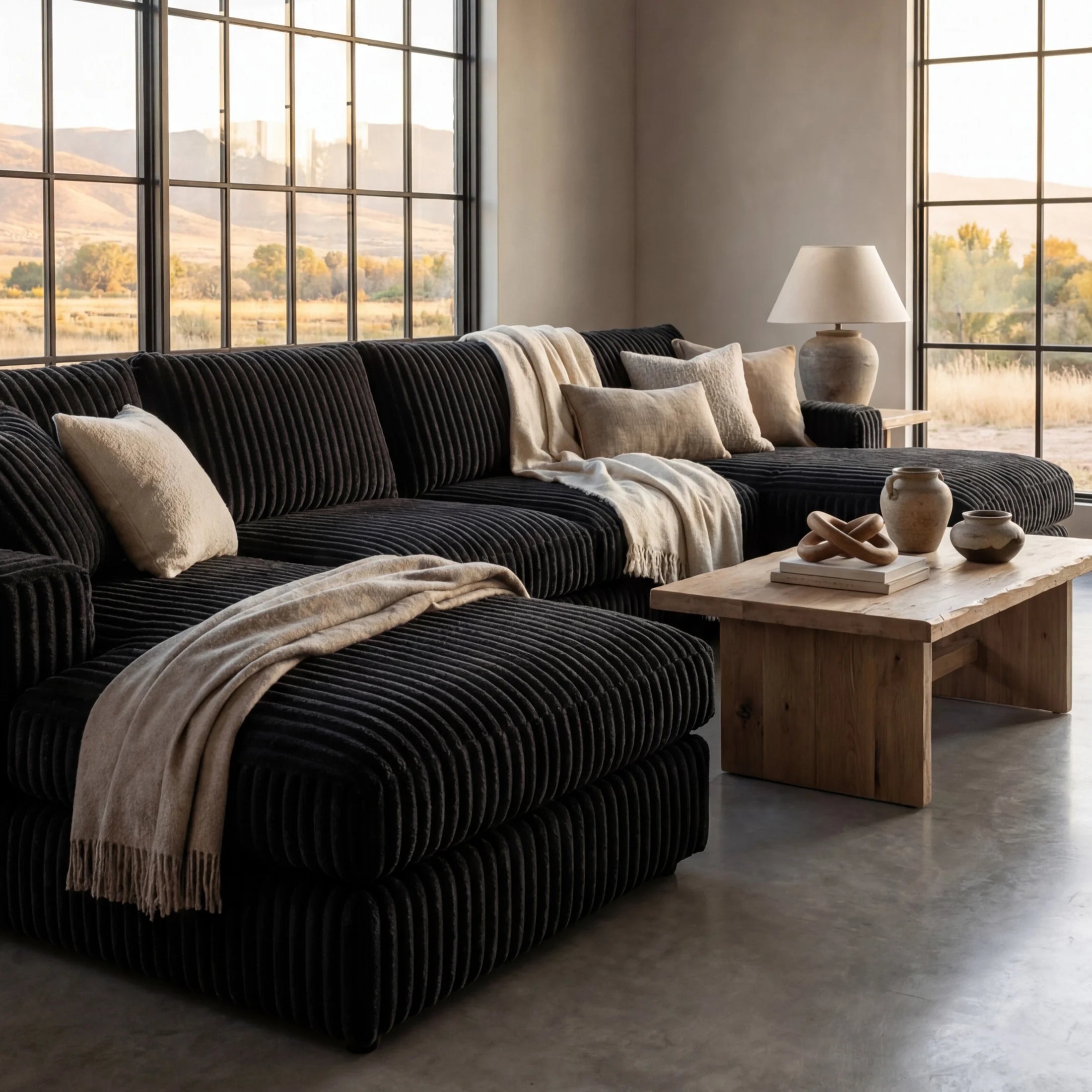 Minky Black Three-Piece Double Chaise Sectional