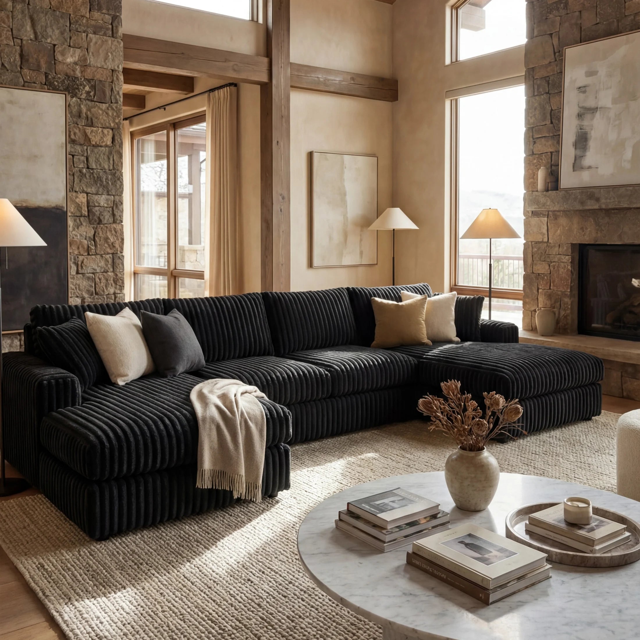 Minky Black Three-Piece Double Chaise Sectional