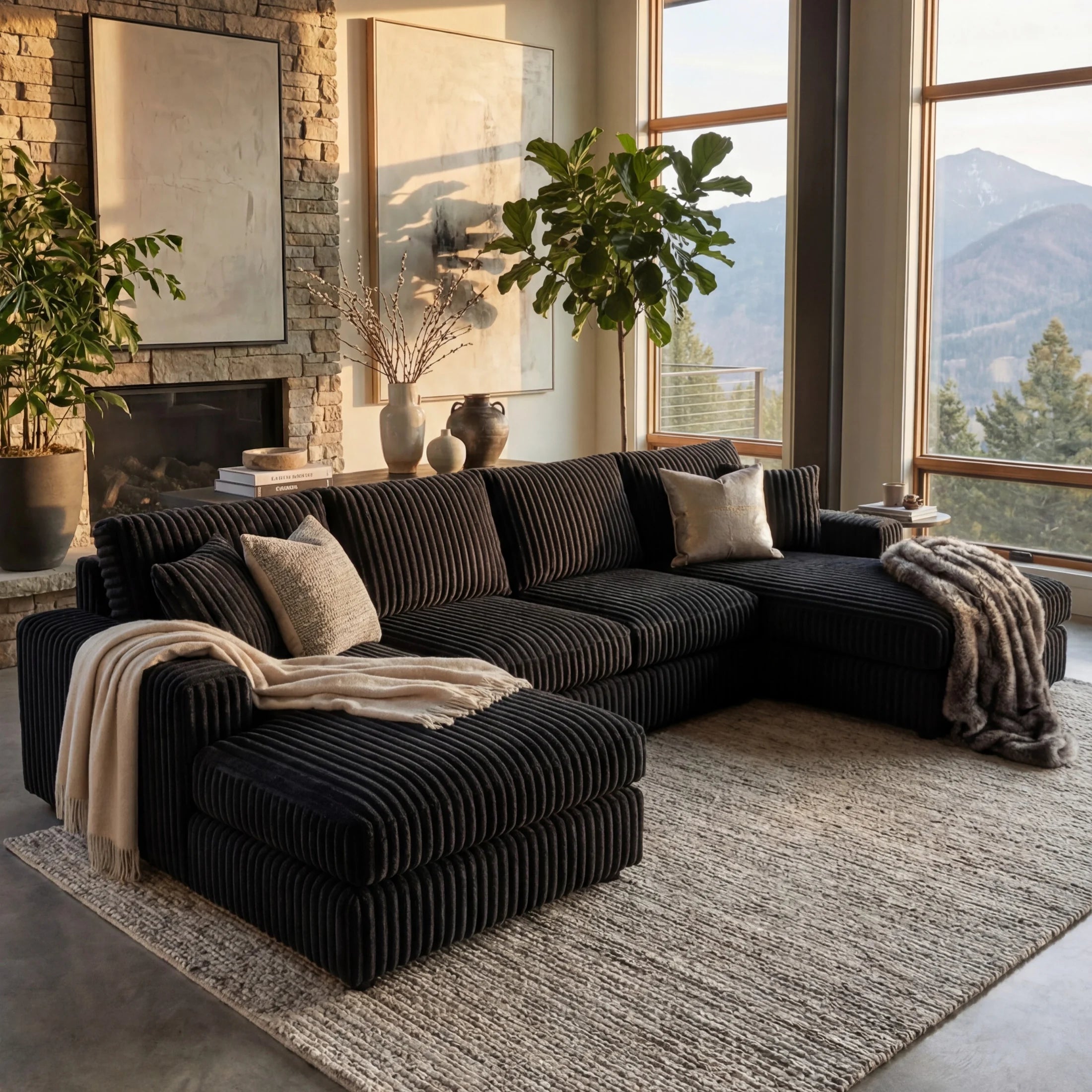 Minky Black Three-Piece Double Chaise Sectional