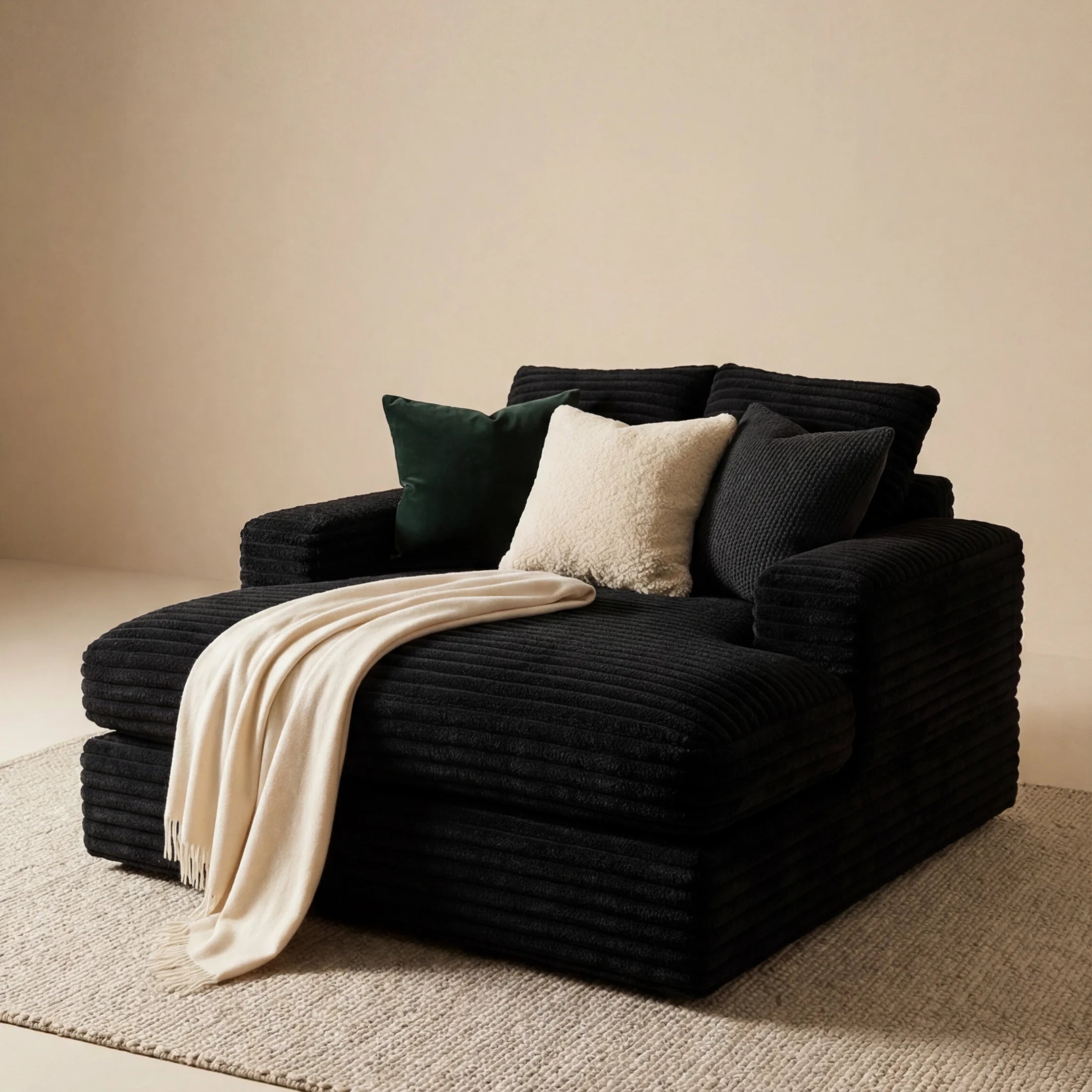 Minky Black chaise lounger staged in a styled living room (view 2)