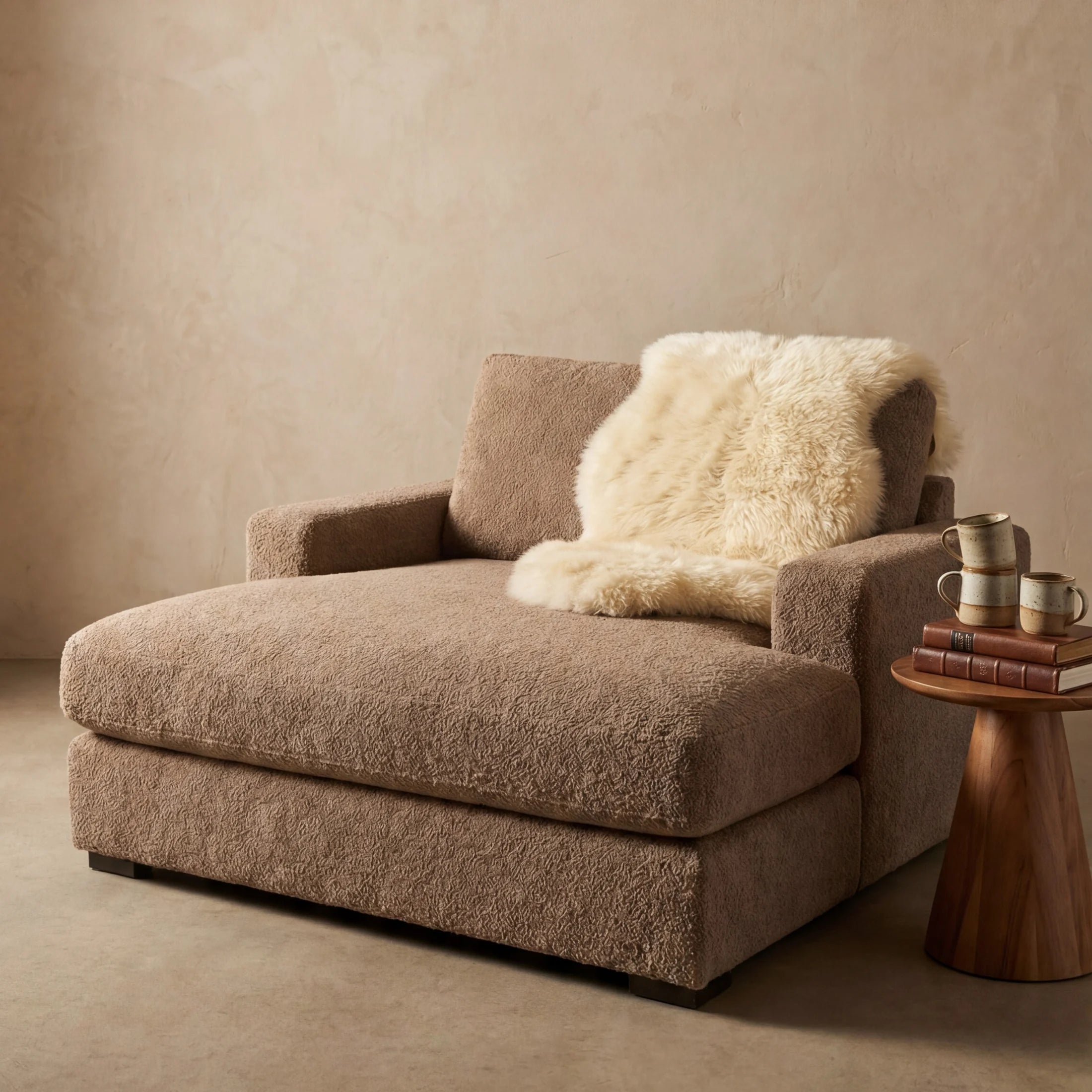 Cuddle Cashew chaise lounger staged in a styled living room (view 3)