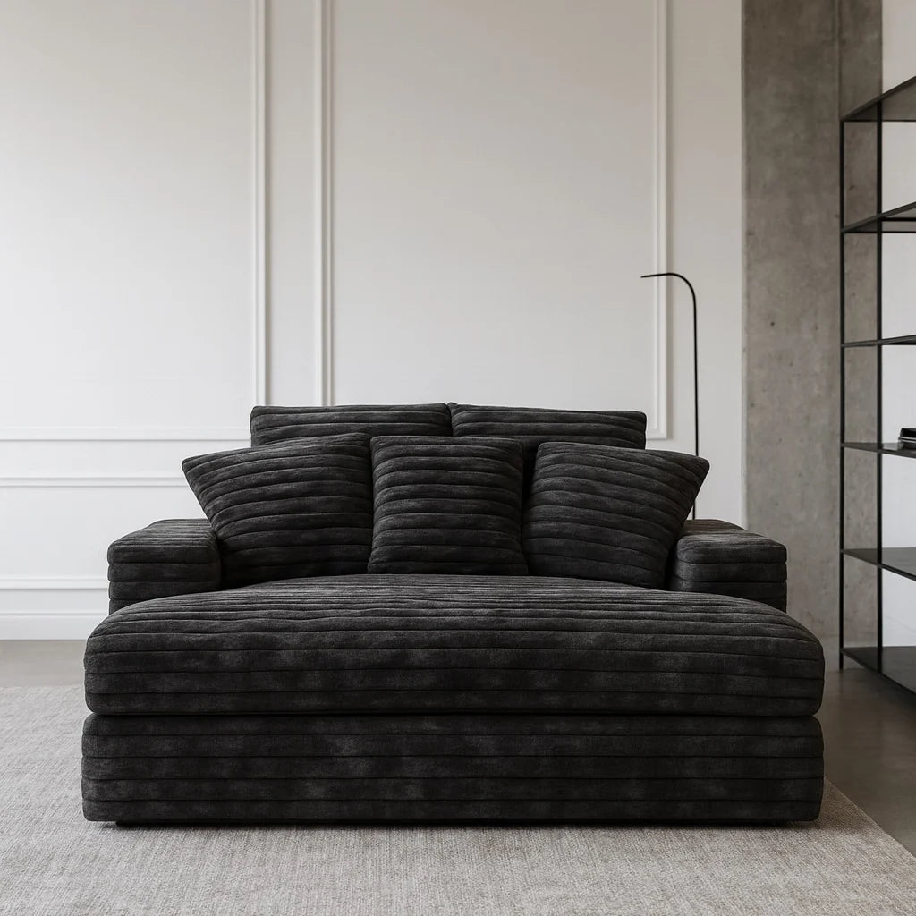 Big Wig Charcoal chaise lounger staged in a styled living room