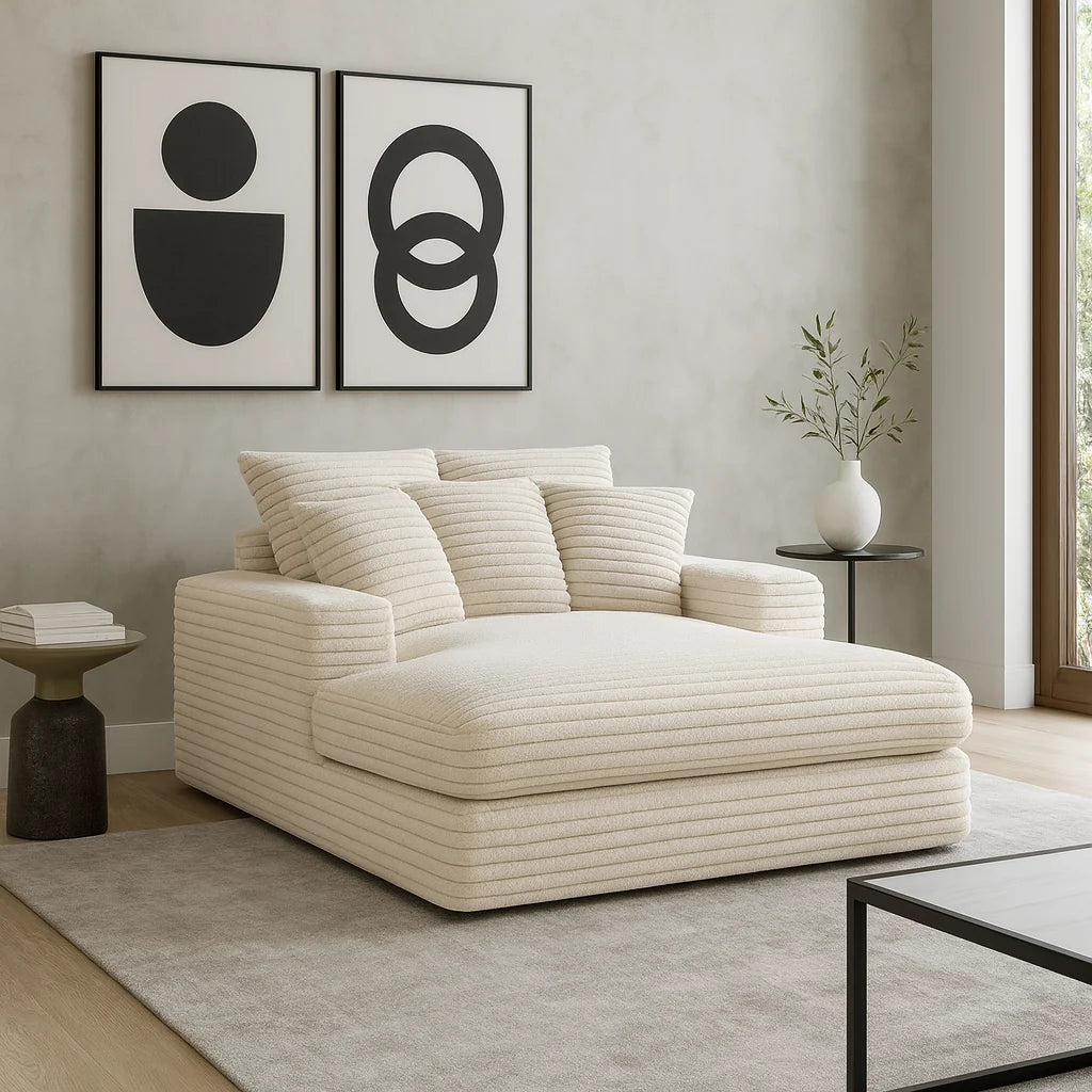 Minky Cream chaise lounger staged in a styled living room