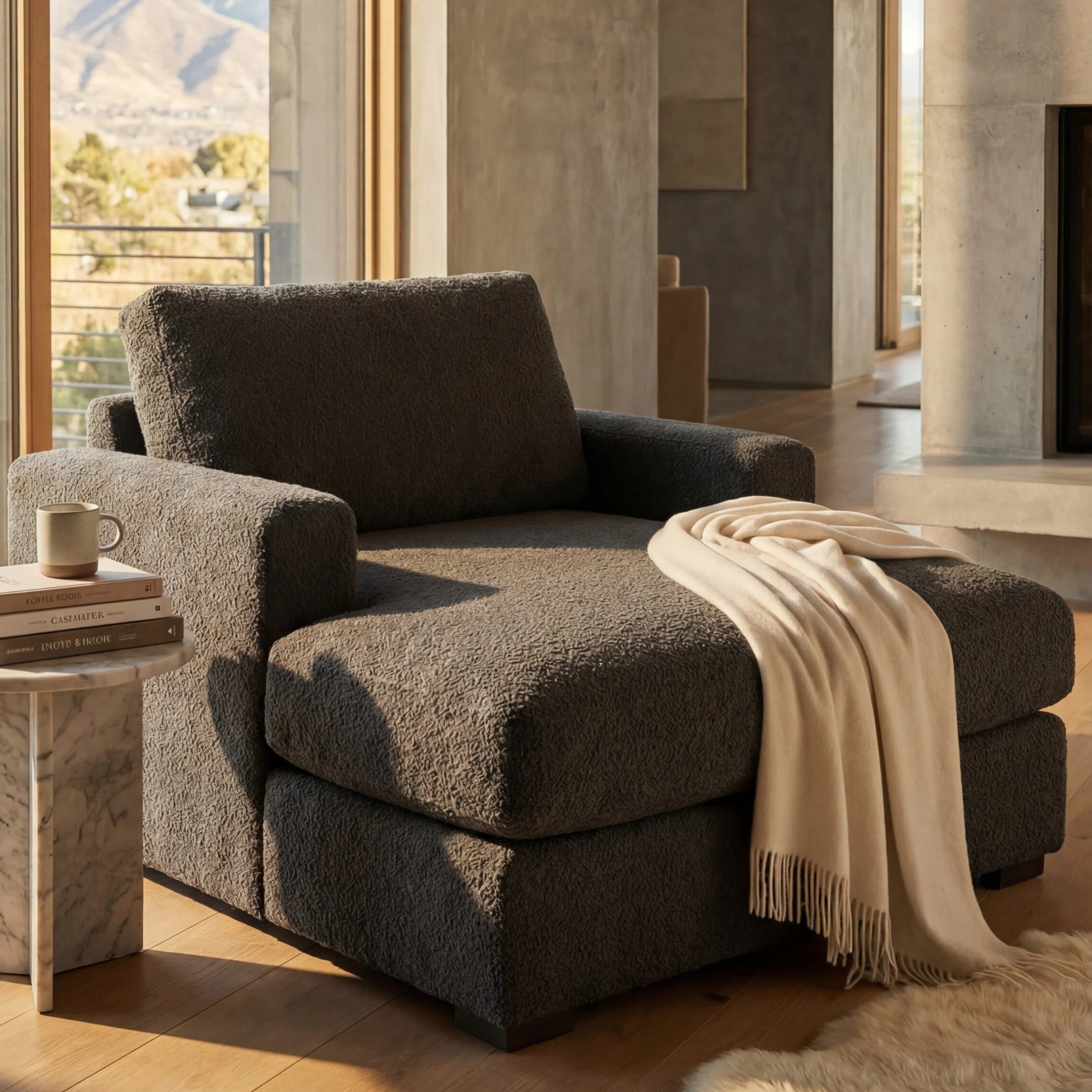 Cuddle Charcoal chaise lounger staged in a styled living room (view 2)