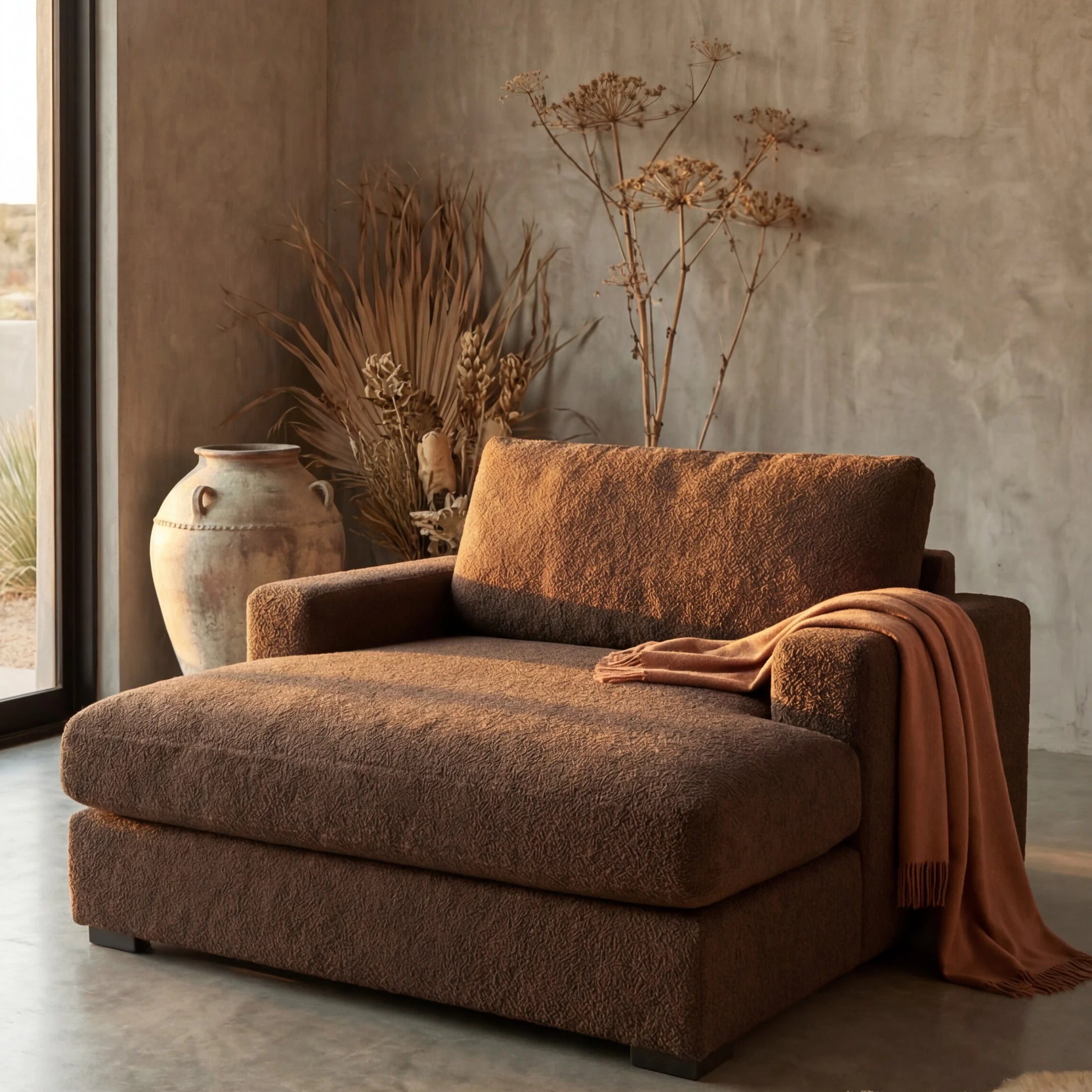 Cuddle Chocolate chaise lounger staged in a styled living room (view 1)