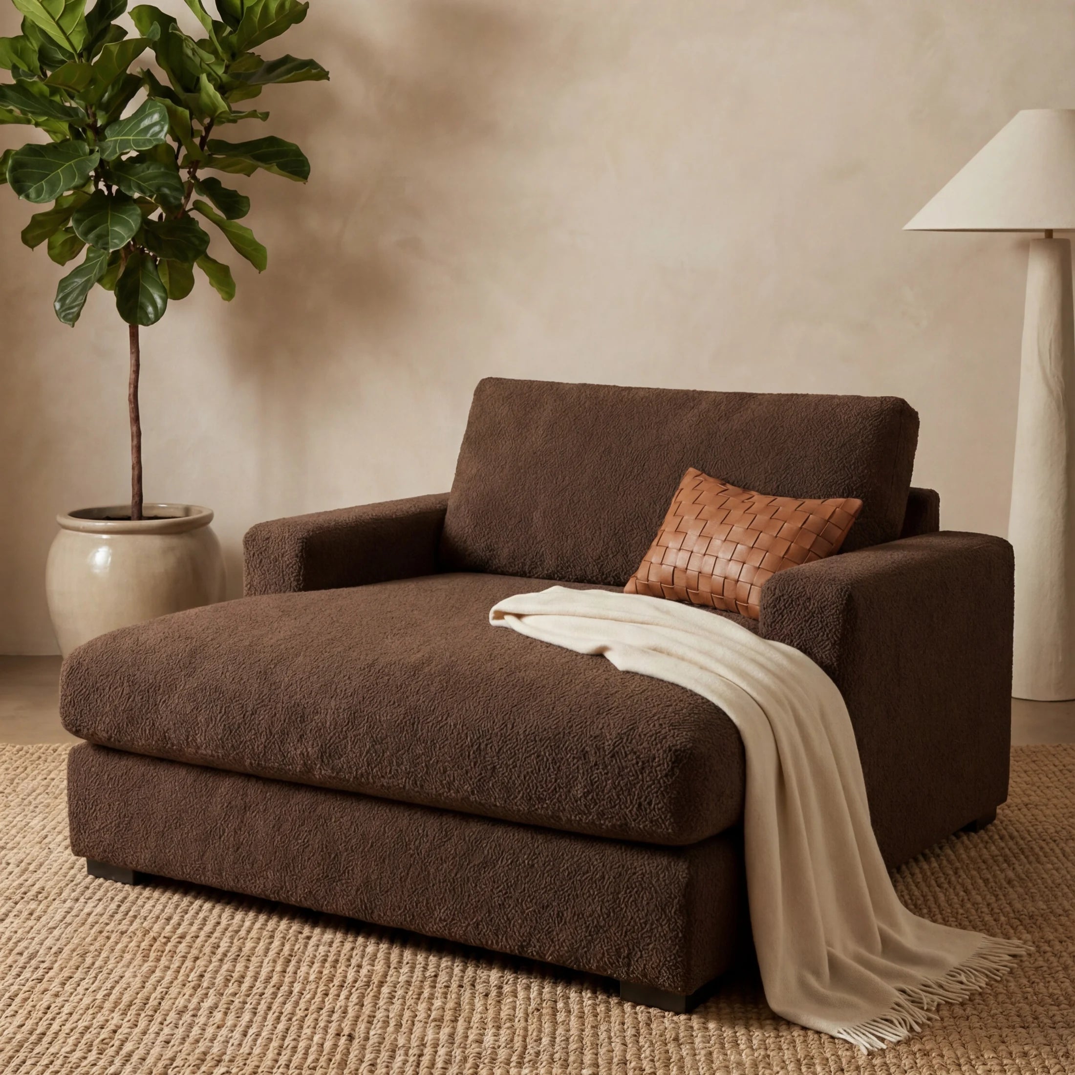 Cuddle Chocolate chaise lounger staged in a styled living room (view 2)