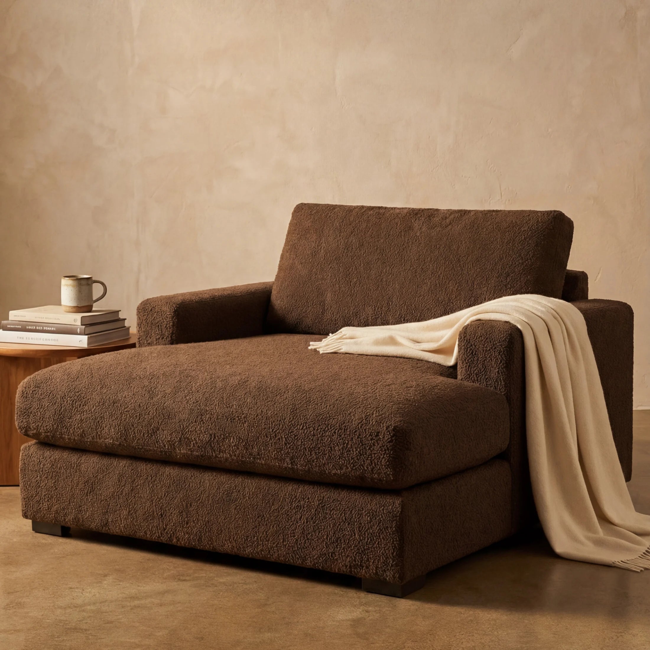 Cuddle Chocolate chaise lounger staged in a styled living room (view 4)