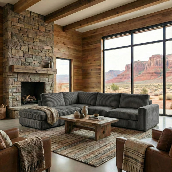 Minky Grey two-piece sectional staged in a styled living room