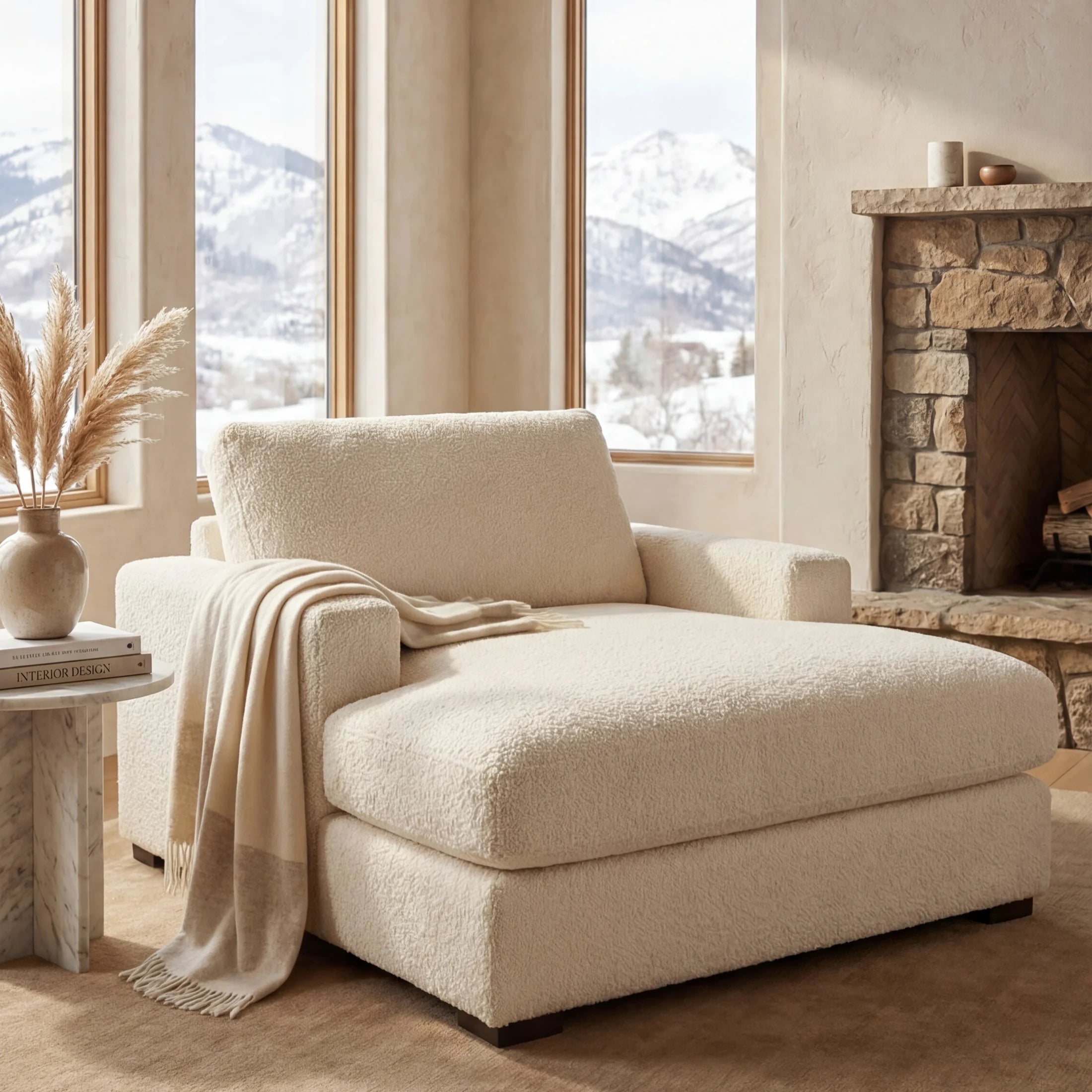 Cuddle Cream chaise lounger staged in a styled living room (view 1)