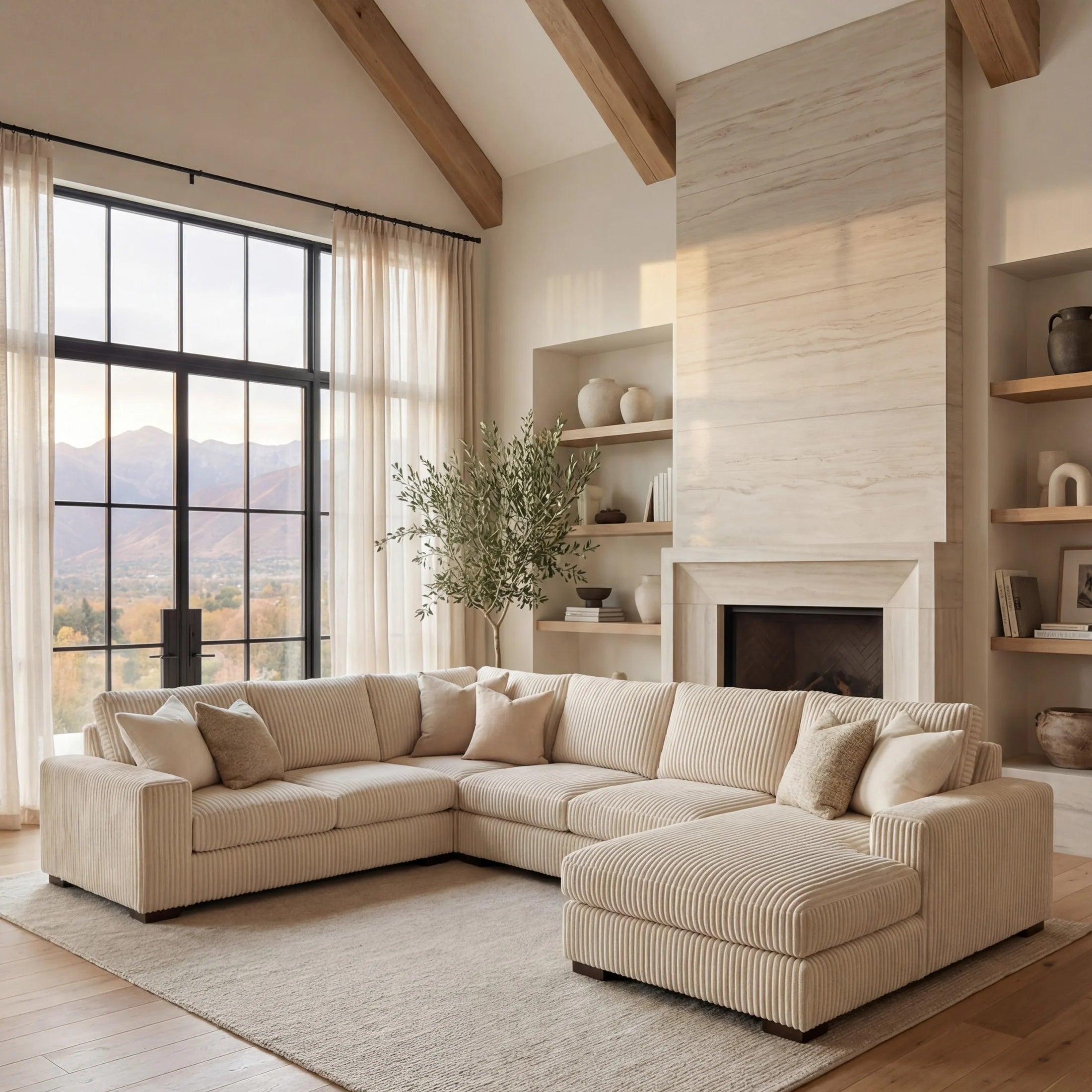 Minky Cream Three-Piece Chaise Sectional