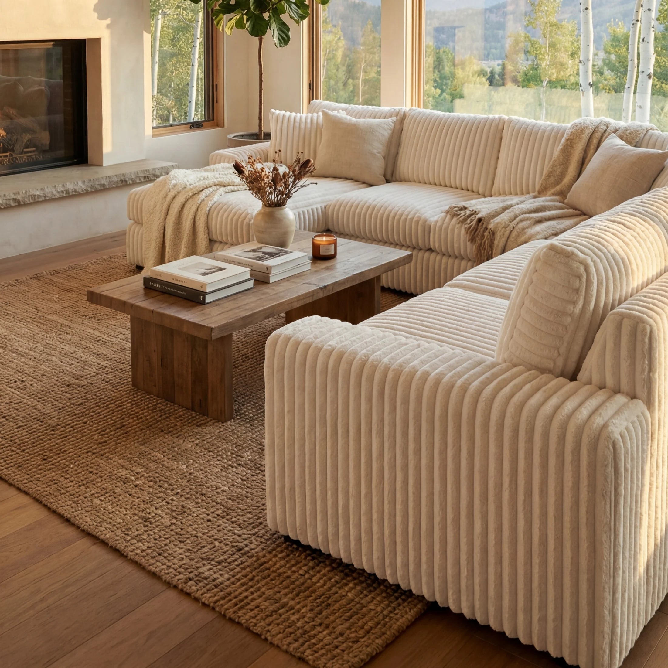 Minky Cream Three-Piece Chaise Sectional