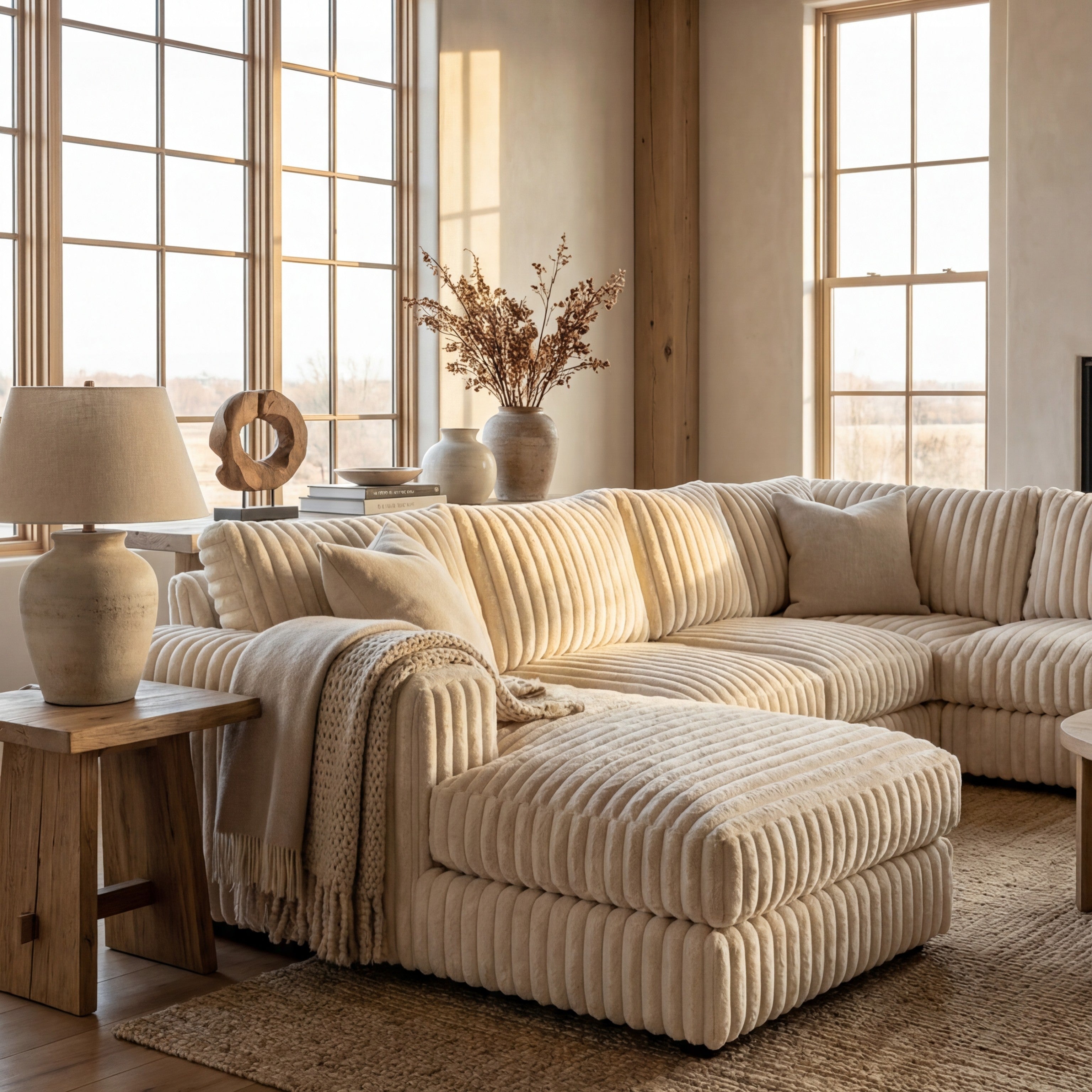 Minky Cream Three-Piece Chaise Sectional