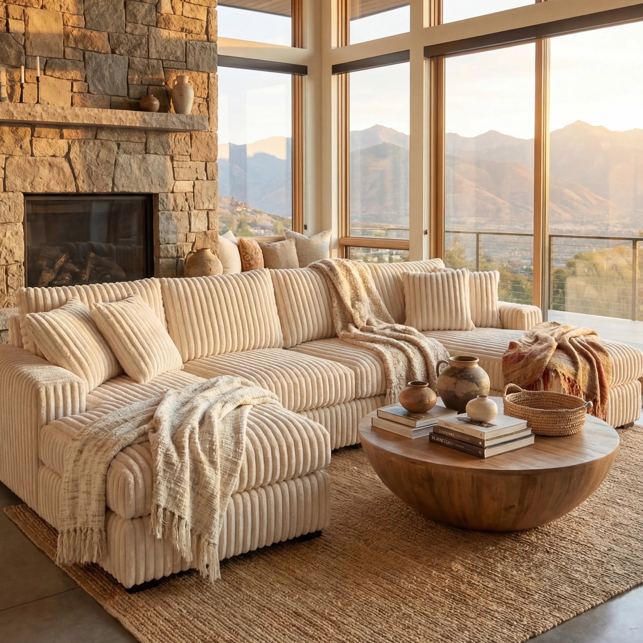 Minky Cream Three-Piece Double Chaise Sectional
