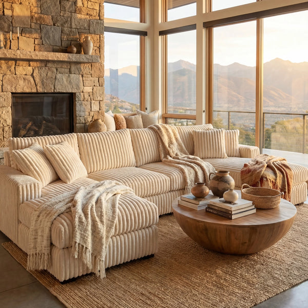 Minky Cream three-piece double chaise sectional staged in a styled living room (view 1)