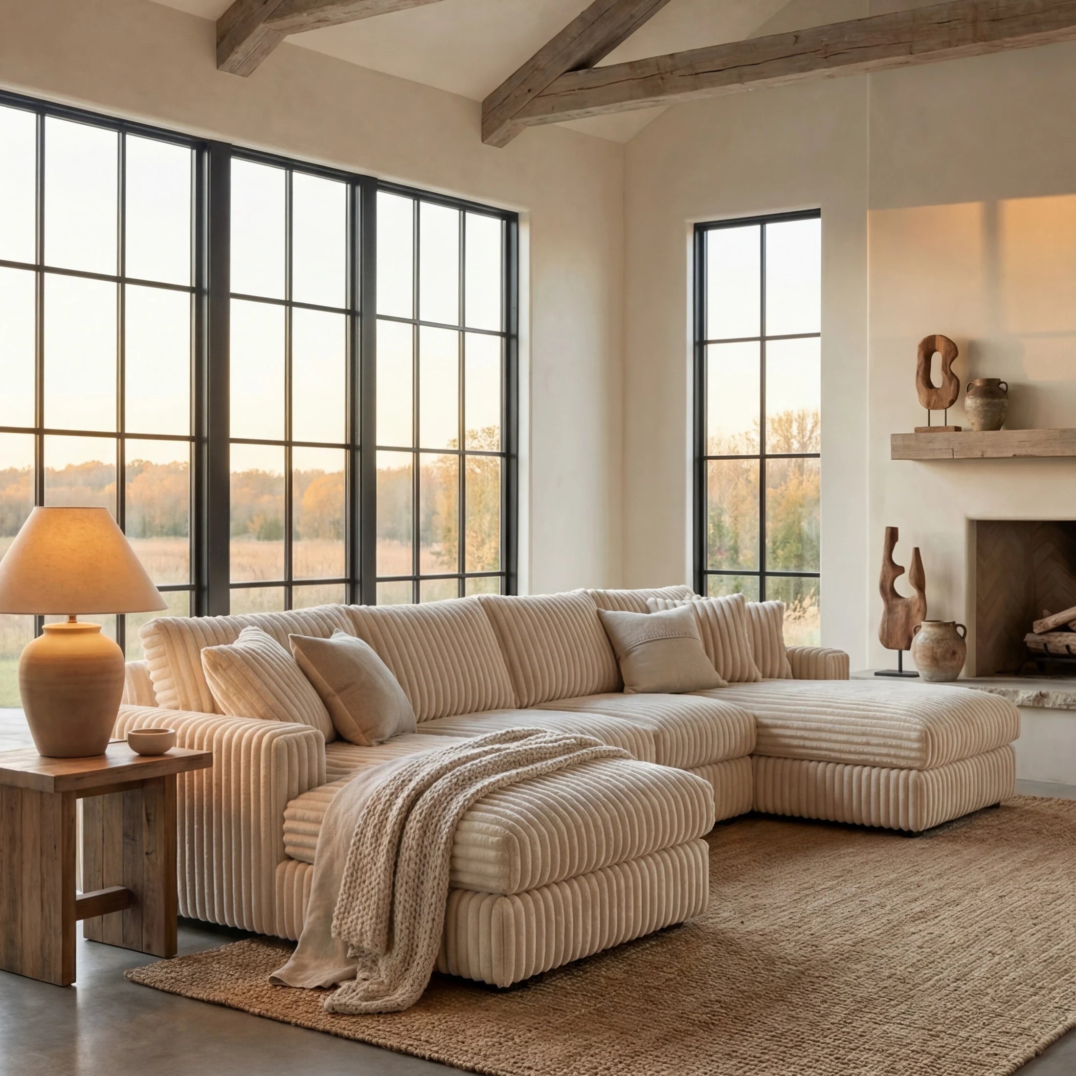 Minky Cream Three-Piece Double Chaise Sectional