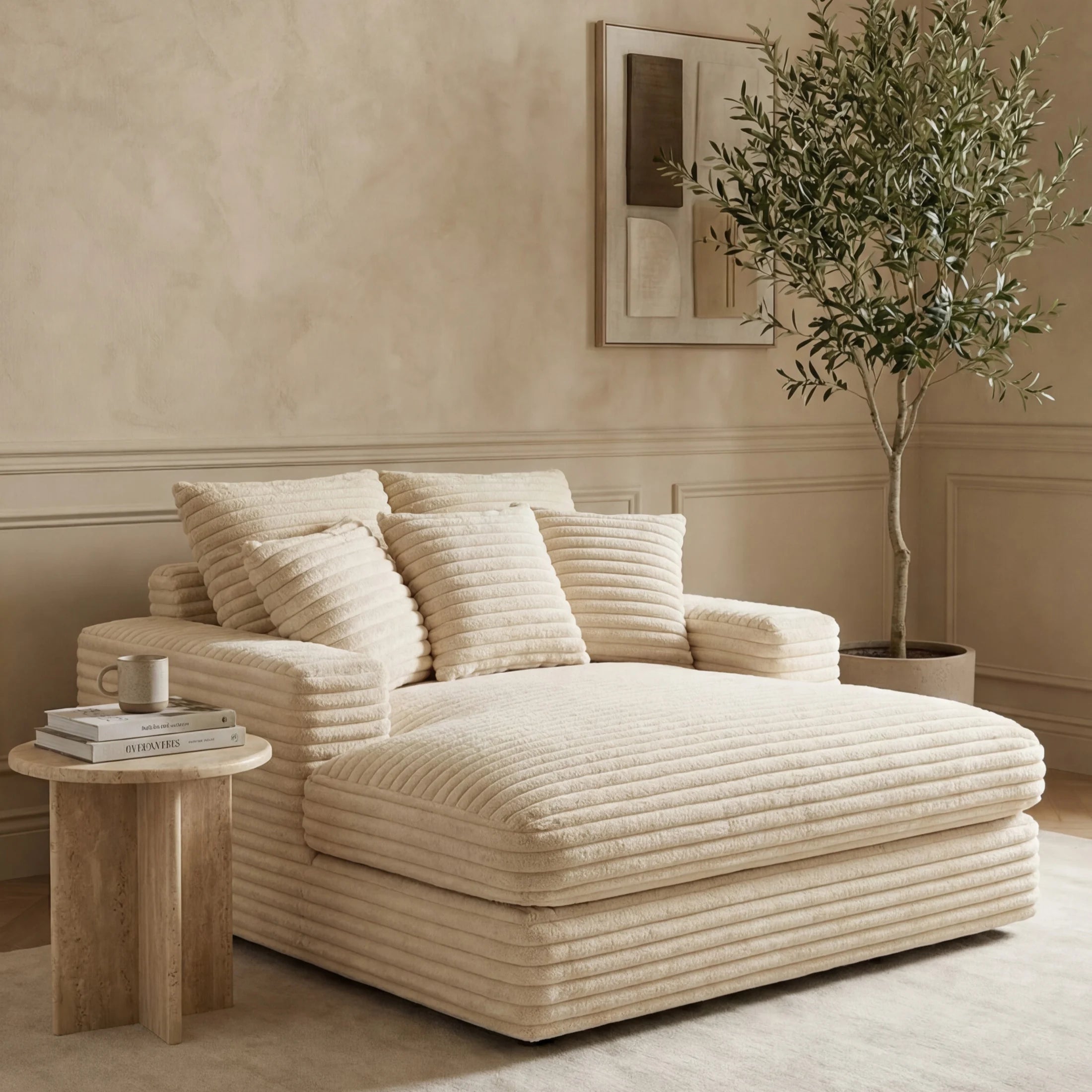 Minky Cream chaise lounger staged in a styled living room (view 1)