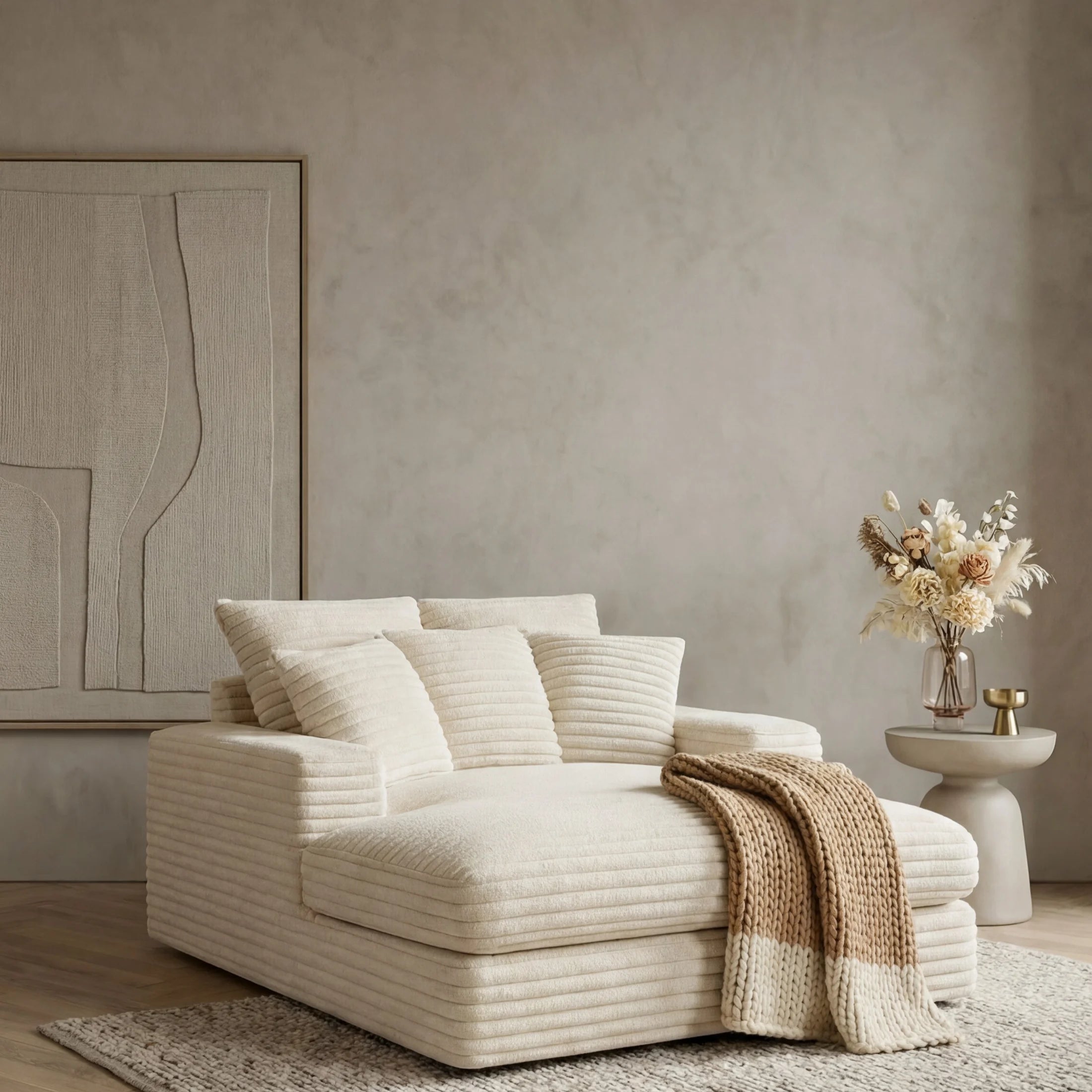 Minky Cream chaise lounger staged in a styled living room (view 2)
