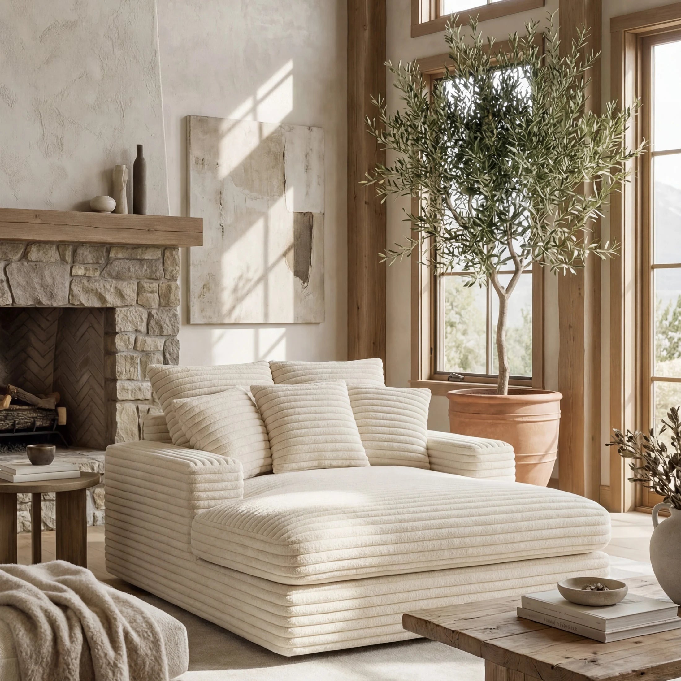 Minky Cream chaise lounger staged in a styled living room (view 3)