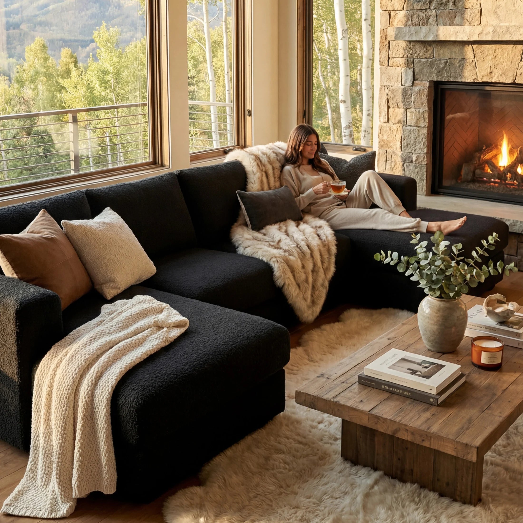 Cuddle Black Three-Piece Double Chaise Sectional