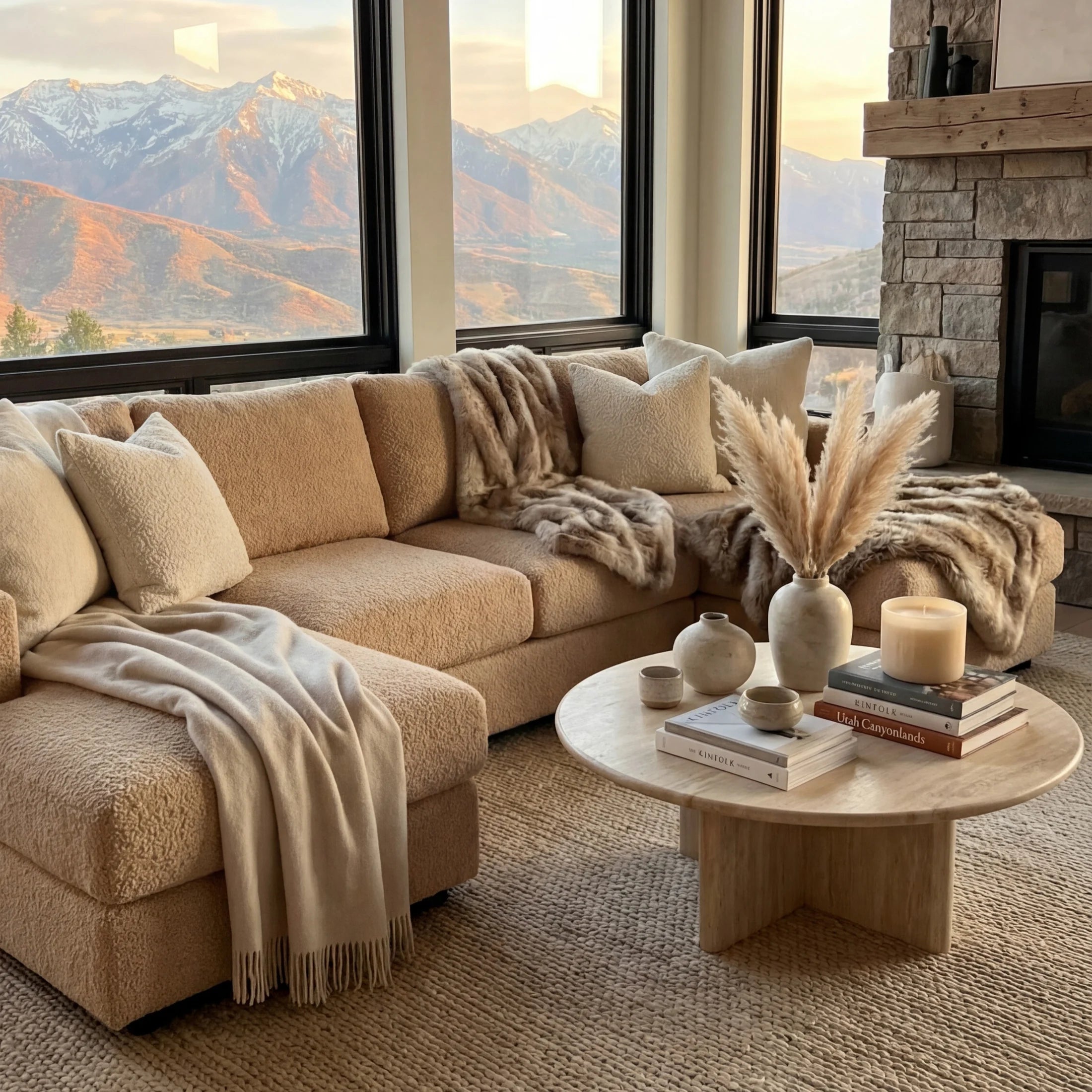 Cuddle Cashew Three-Piece Double Chaise Sectional