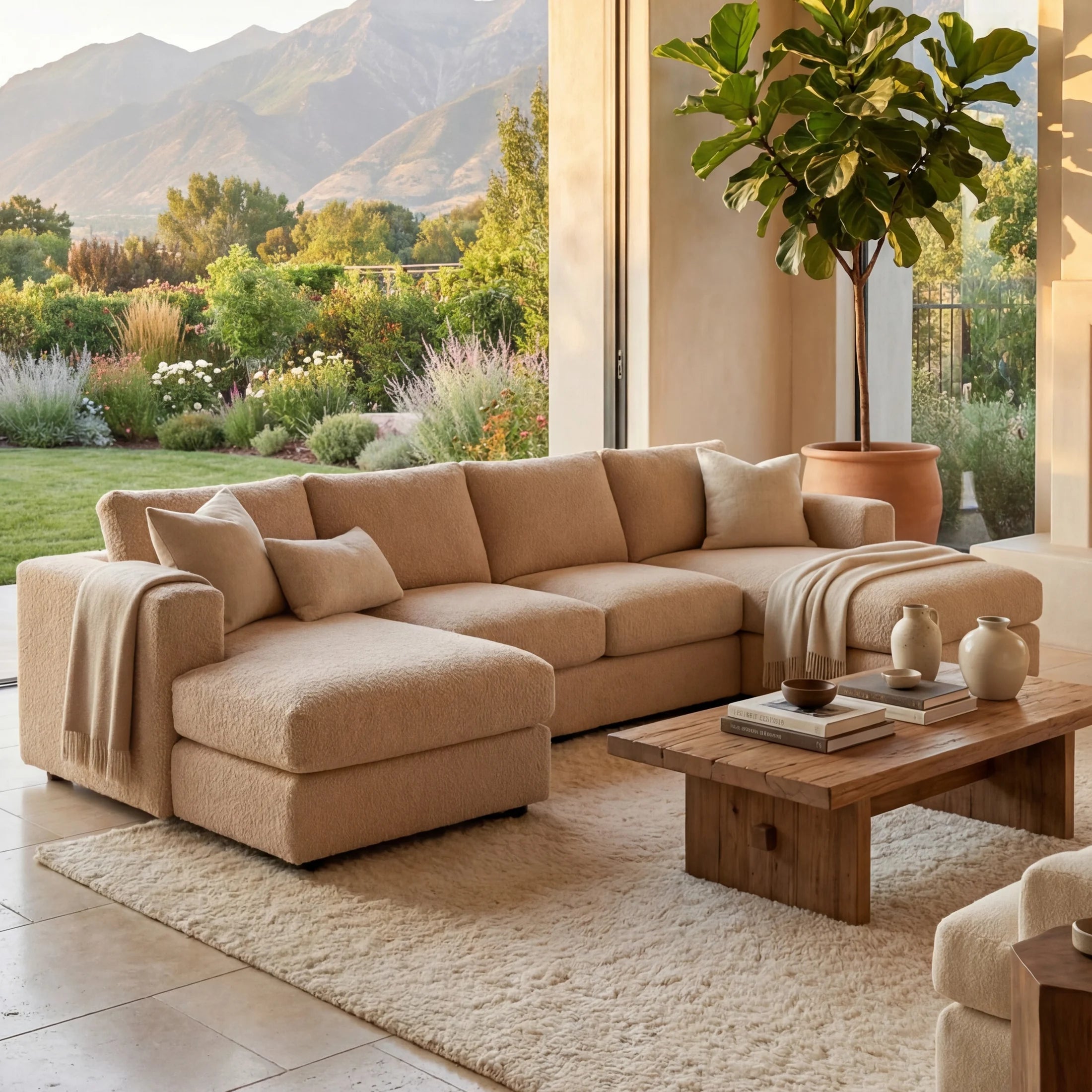 Cuddle Cashew Three-Piece Double Chaise Sectional