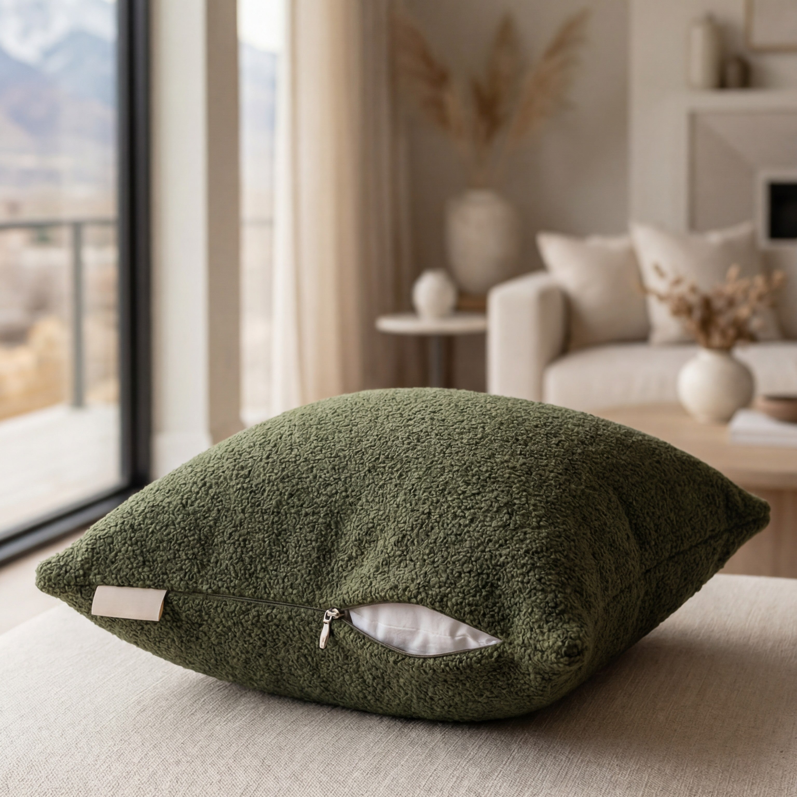 Cuddle Moss chaise lounger styled with matching throw pillow