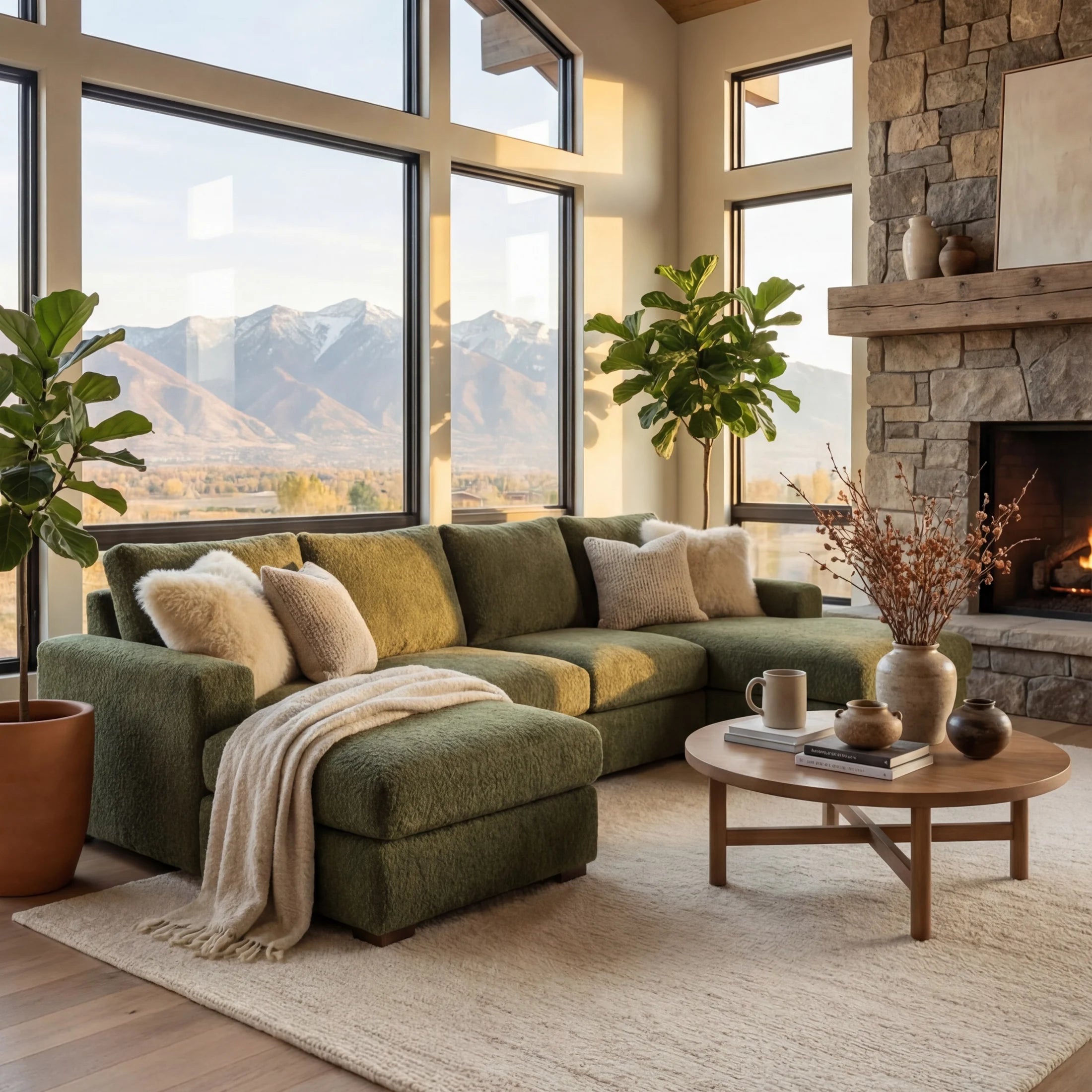 Cuddle Moss Three-Piece Double Chaise Sectional