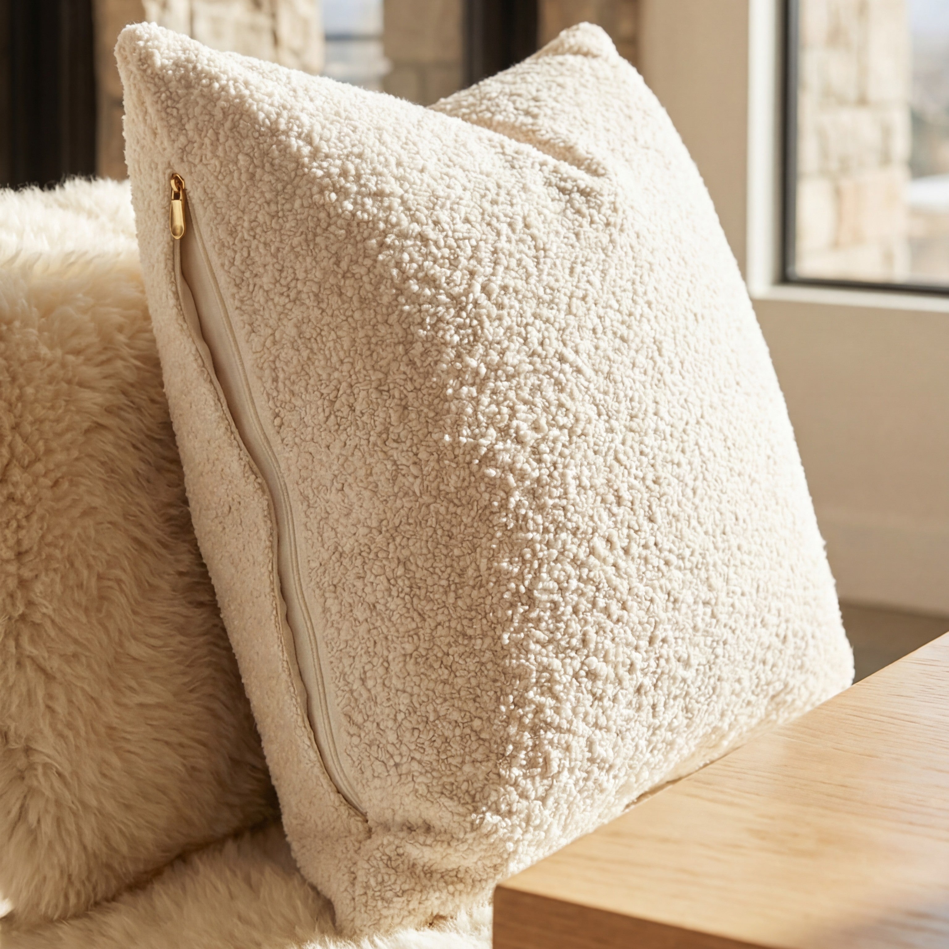 Cuddle Natural chaise lounger styled with matching throw pillow