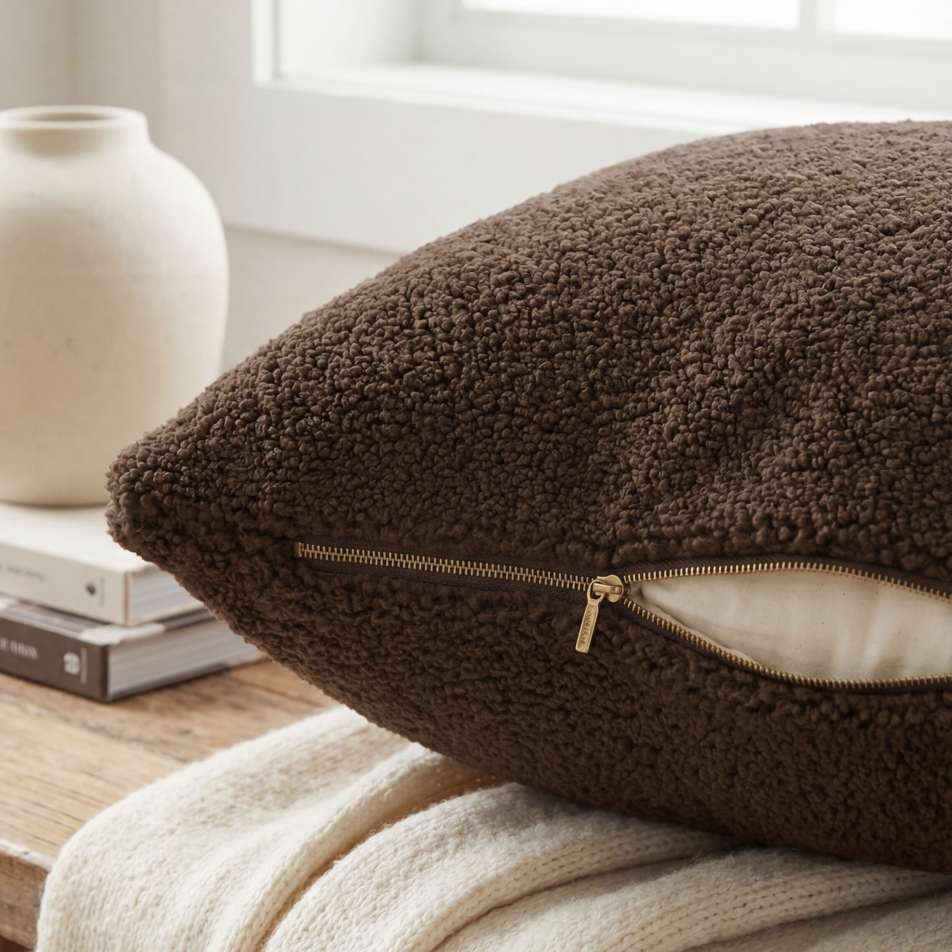 Cuddle Umber chaise lounger styled with matching throw pillow