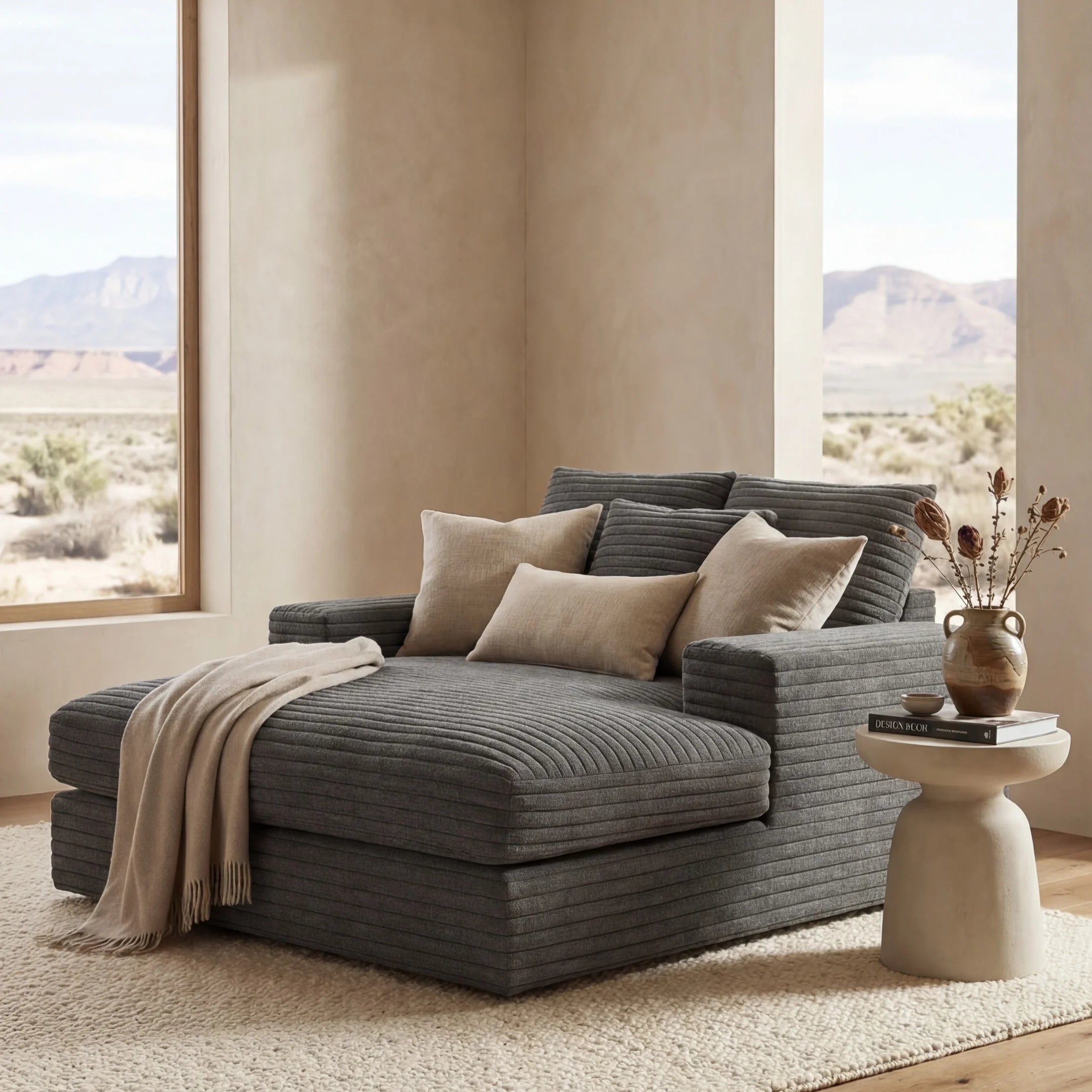 Minky Grey chaise lounger staged in a styled living room (view 3)