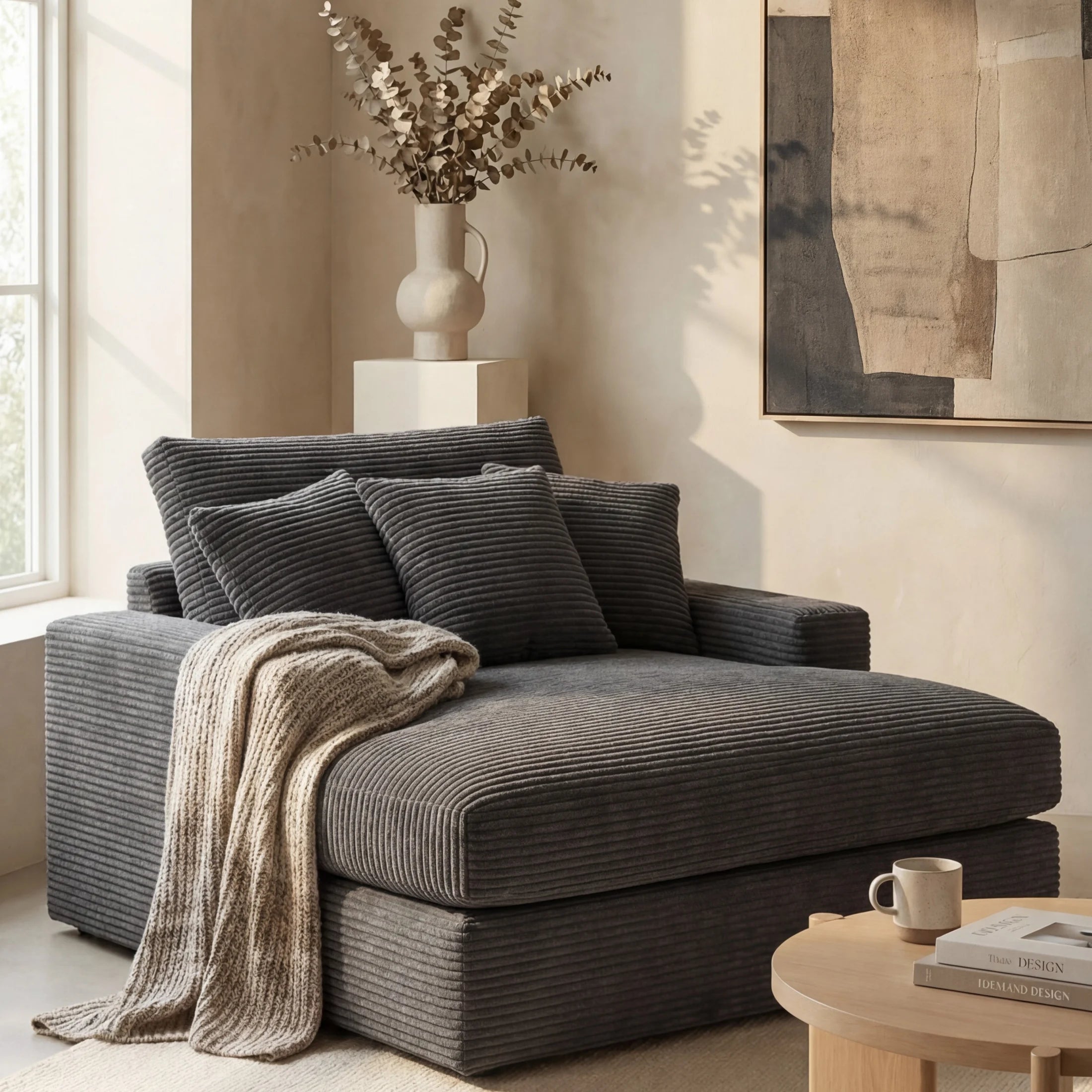 Minky Grey chaise lounger staged in a styled living room (view 4)