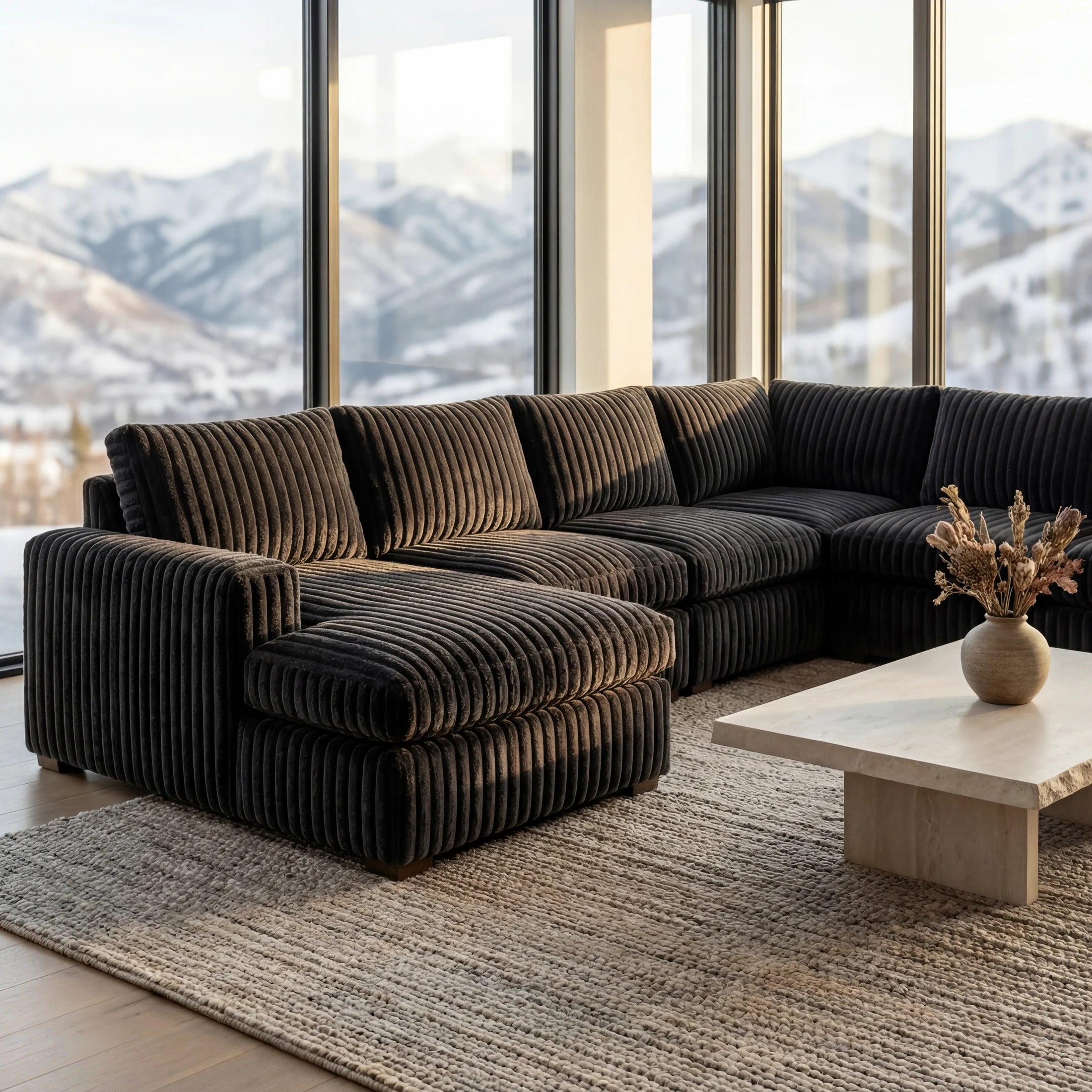 Minky Black Three-Piece Chaise Sectional