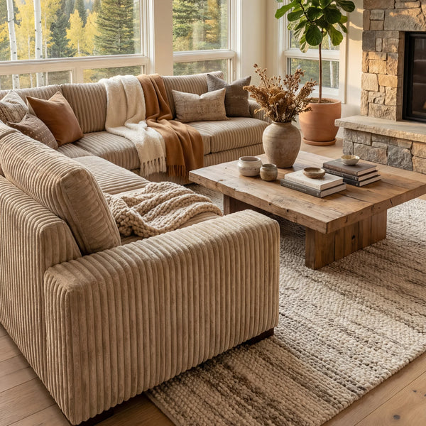 Minky Toast three-piece corner sectional staged in a styled living room (view 5)