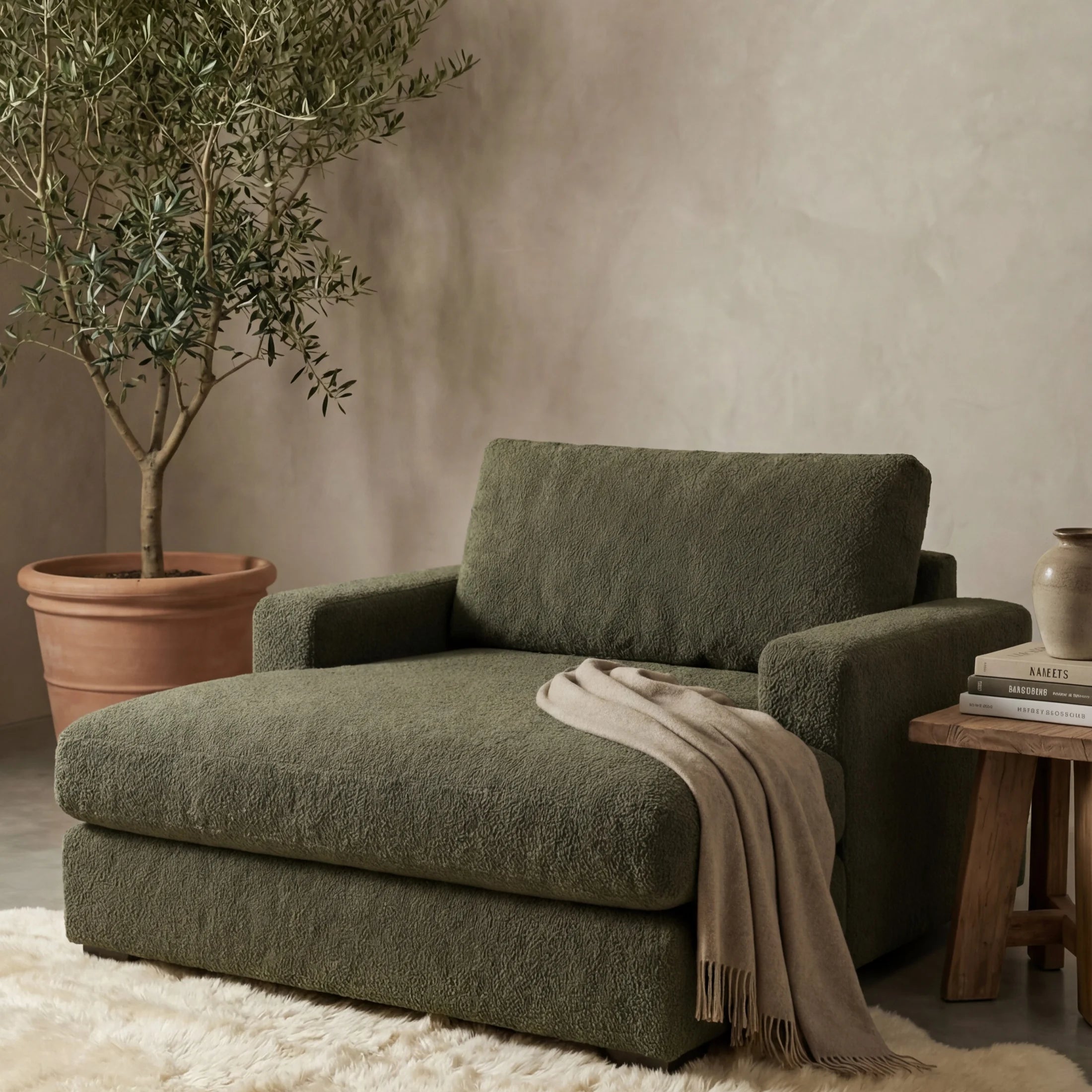 Cuddle Moss chaise lounger staged in a styled living room (view 2)
