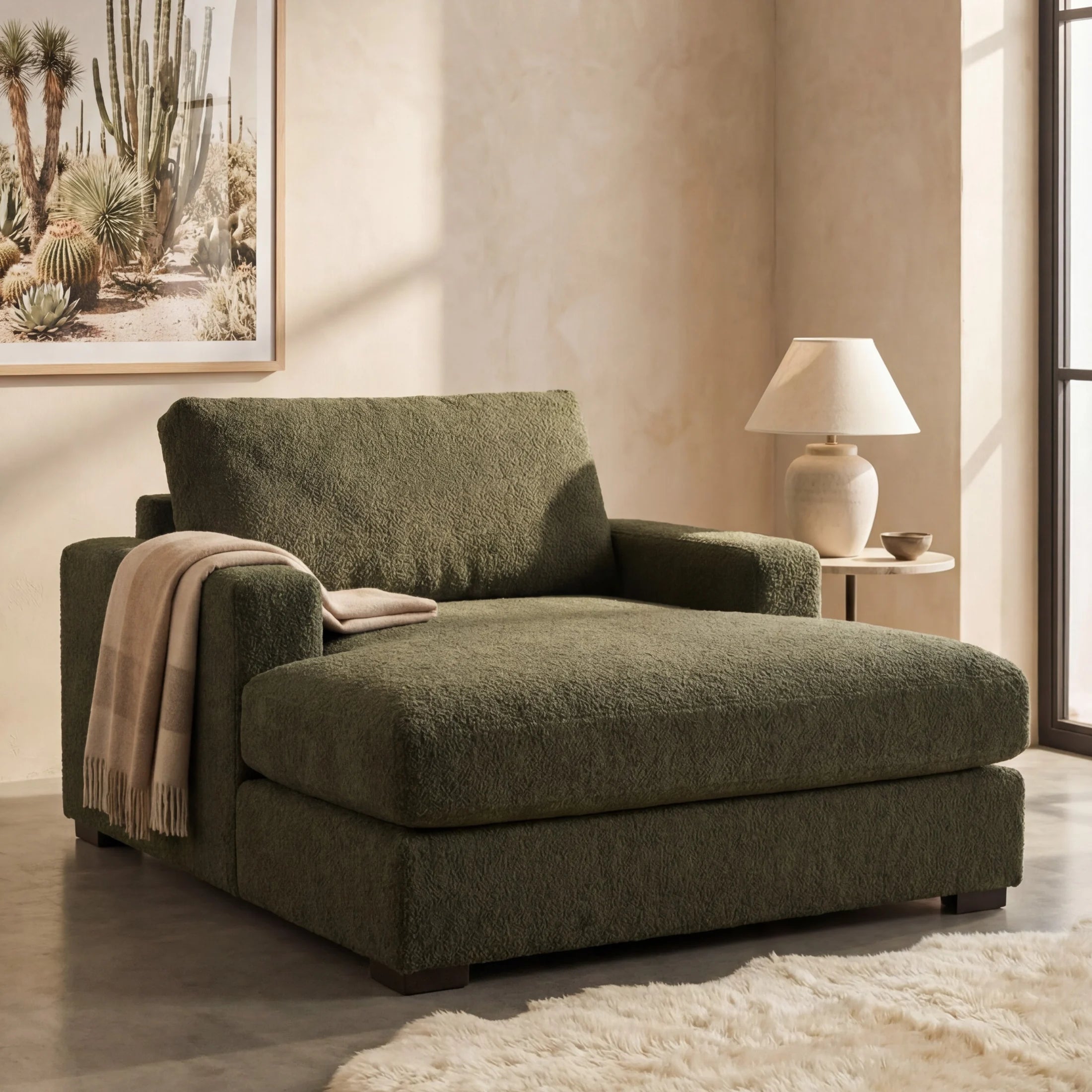 Cuddle Moss chaise lounger staged in a styled living room (view 4)